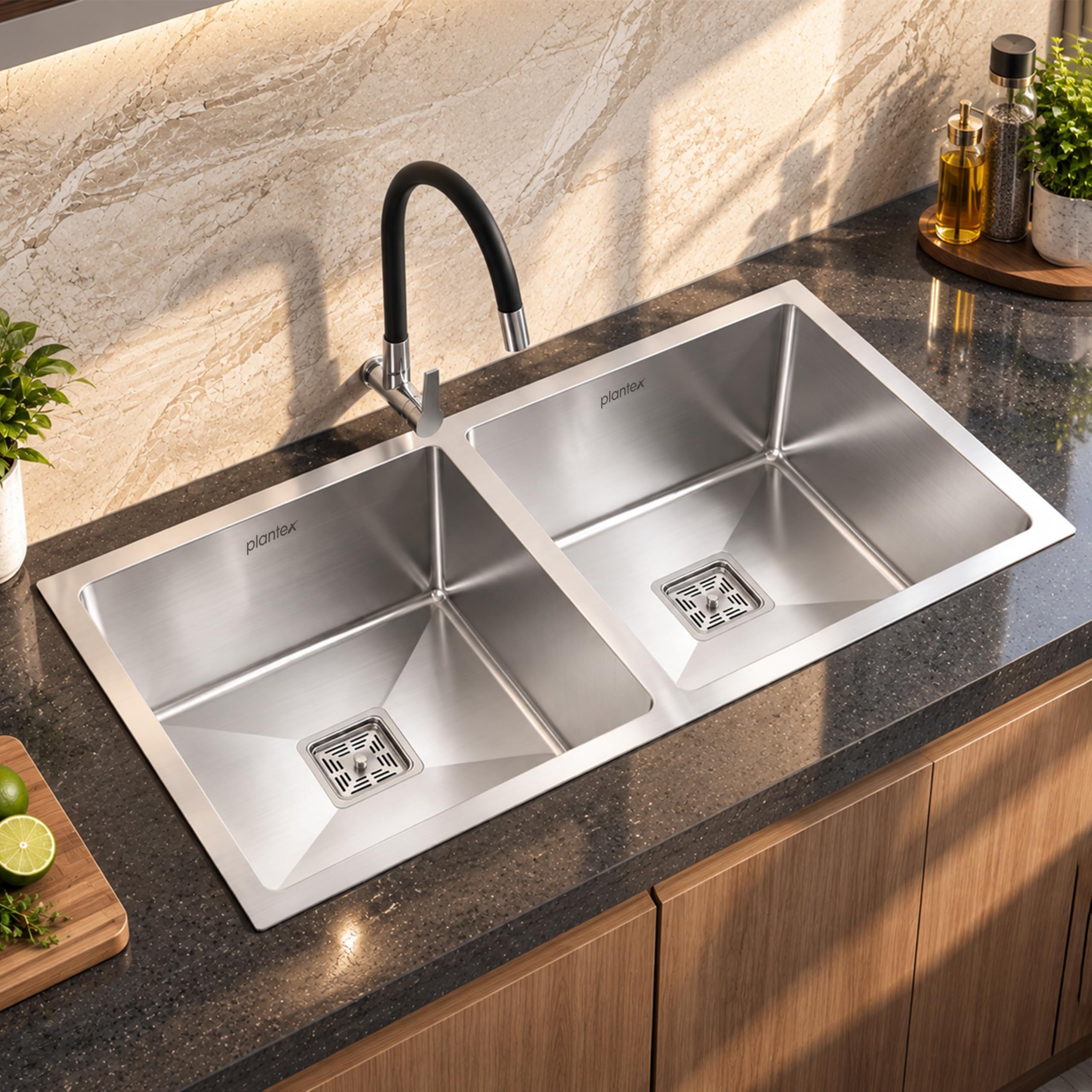 Plantex Double Bowl Sink for Kitchen/Heavy Duty Stainless Steel Sink with 25 Years Warranty by Plantex/Handmade Kitchen Sink with Drying Rack, Hose Pipe and Coupling (Silver Matt - 32x18x9 Inches)