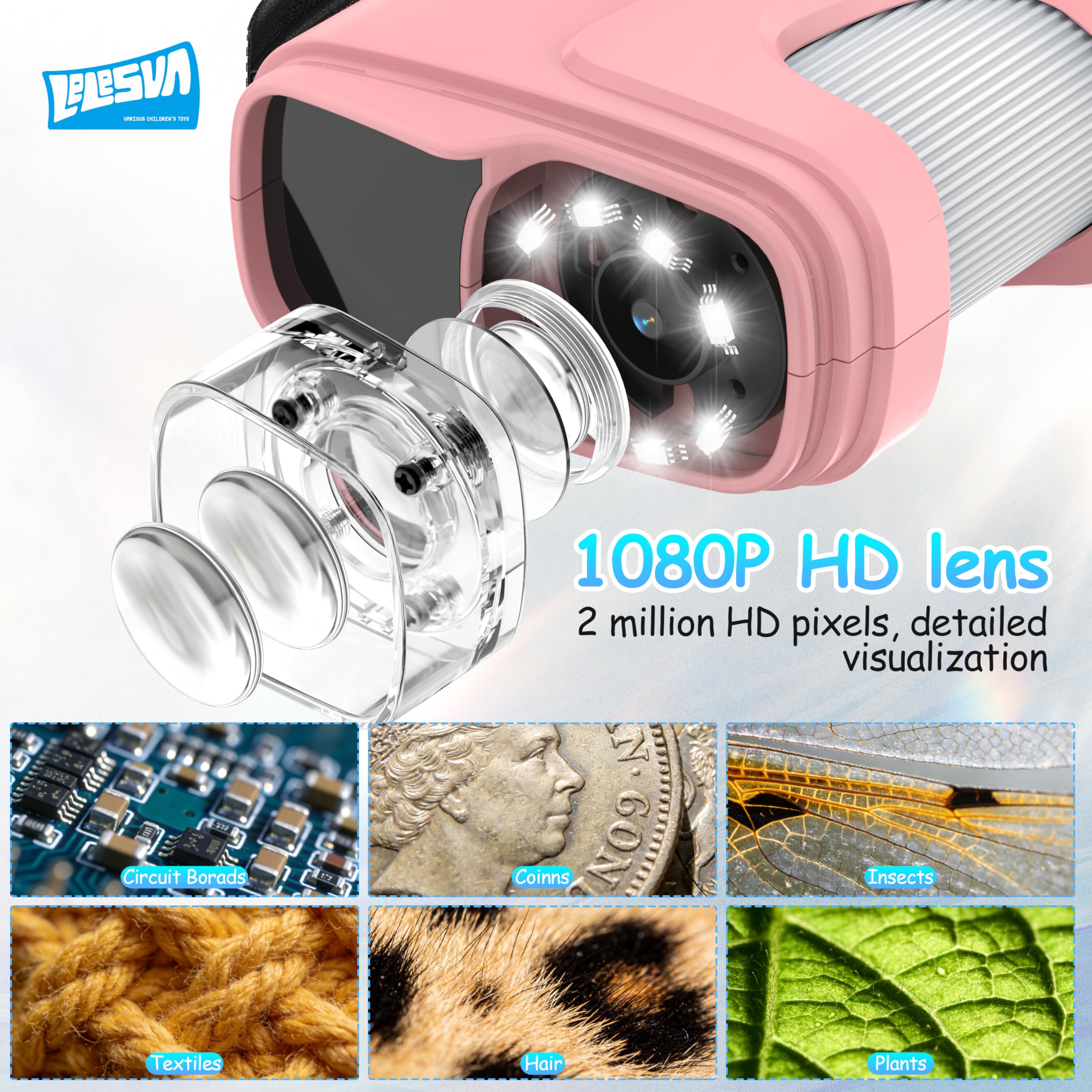 Microscope pour Enfants avec écran de 2,4 Pouces et résolution 4K-Mini Microscope de Poche Portable (1000x) Jouet Scientifique et éducatif (STEM) Idéal comme Cadeau de Noël ou d'anniversaire(Rose)