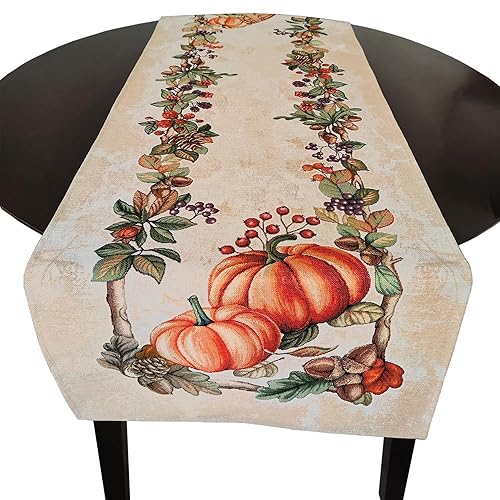 Thanksgiving Block Print Tapestry Table Runner, Autumn Fall Leaves Table Runner, Pumpkin Table Runners, Halloween Fall Runners for Table (37cmX100cm