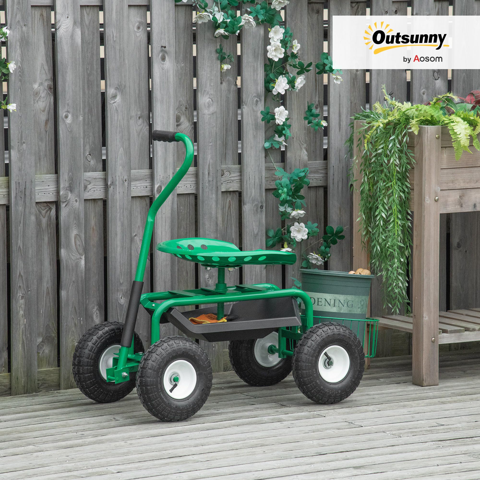 Outsunny Asiento de Jardín con Ruedas, Taburete de Jardinería con Asiento Giratorio y Ajustable en Altura, Ruedas Neumáticas, Bandeja de Herramientas y Cesta, Carga 150 kg para Patio, Exterior, Verde
