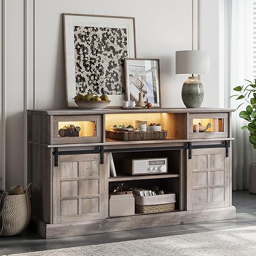 LGHM Soporte de TV con luces LED, centro de entretenimiento para televisores de 65 pulgadas, puerta corredera de granero con cajones para sala de