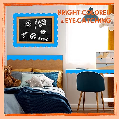 Miniatura 4 de Bordes de tablón de anuncios de 60 pies, borde ondulado azul puro con diseño de línea ondulada para escuela, aula y oficinas