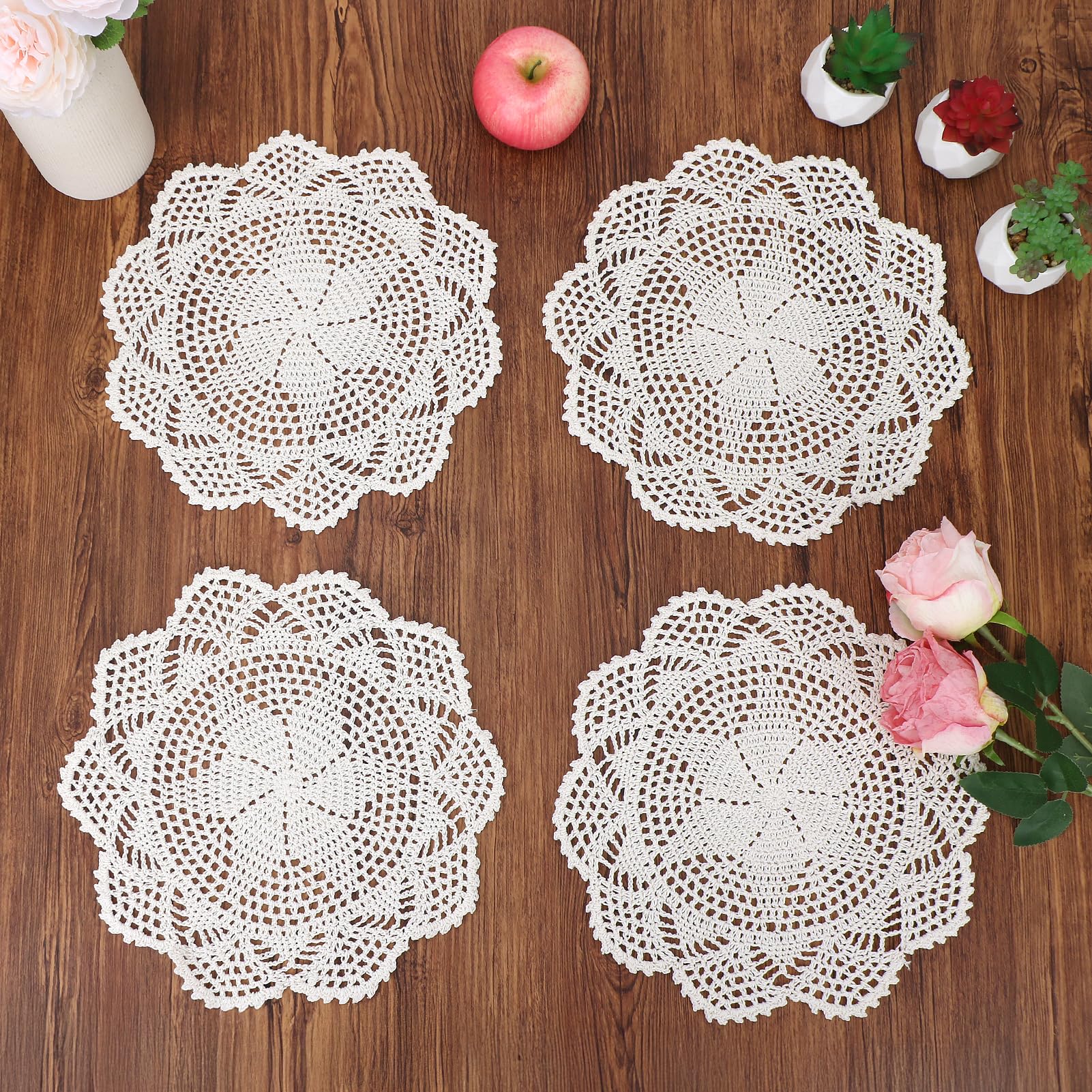 kilofly Crochet Cotton Lace Table Placemats Doilies Value Pack, 4pc, Hexa, Beige, 12 inch