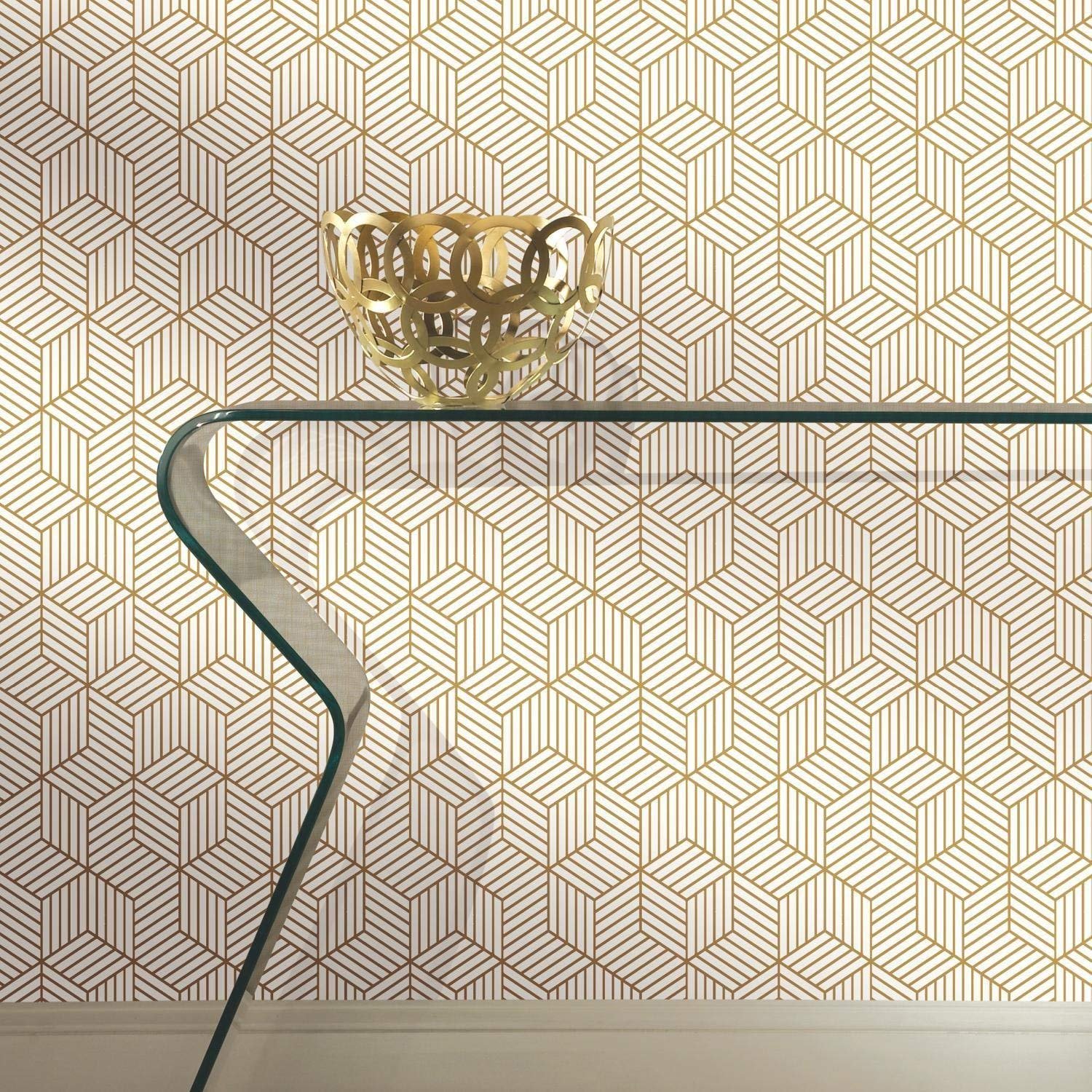 RoomMates RMK10704WP Metallic Gold Striped Hexagon Peel and Stick Wallpaper, White/Gold, 52.1 x 502.9 cm - Image 3