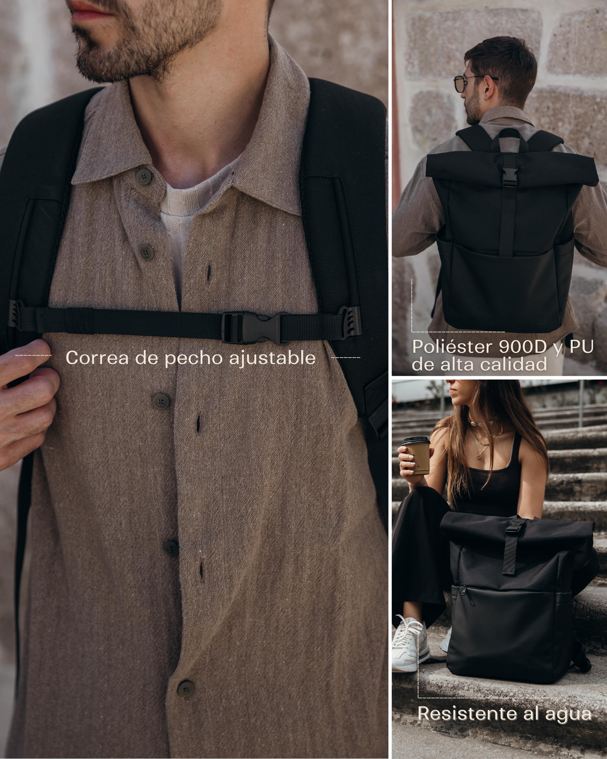 SVOLTA Mochila Portátil Mujer y Hombre, Bolso Enrollable Negro 25L