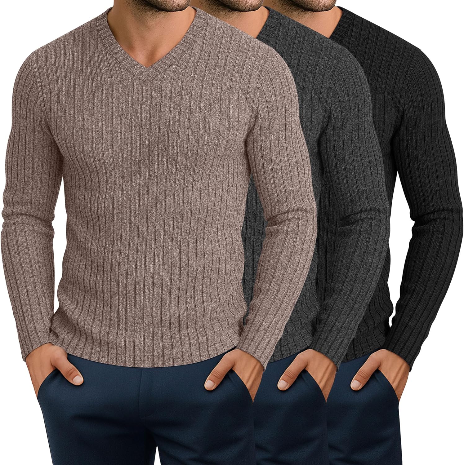JoyMotion 3 Pack Men's Ribbed V Neck Long Sleeve Shirts, Slim Fit Thermal Sweaters Tops Muscle Athletic Casual Gym Basic Tees