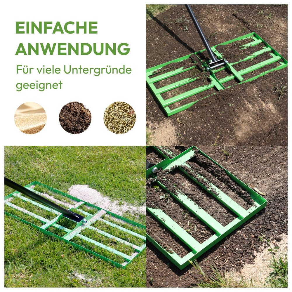 Dönges Rasenrakel 75x35 cm mit 2 Meter Stiel [für den perfekten Rasen] I Ideal zur Rasenpflege, Sandverteilung und Rasennivellierung I Leicht und handlich anwendbar zum Rasen rakeln und lawn leveling