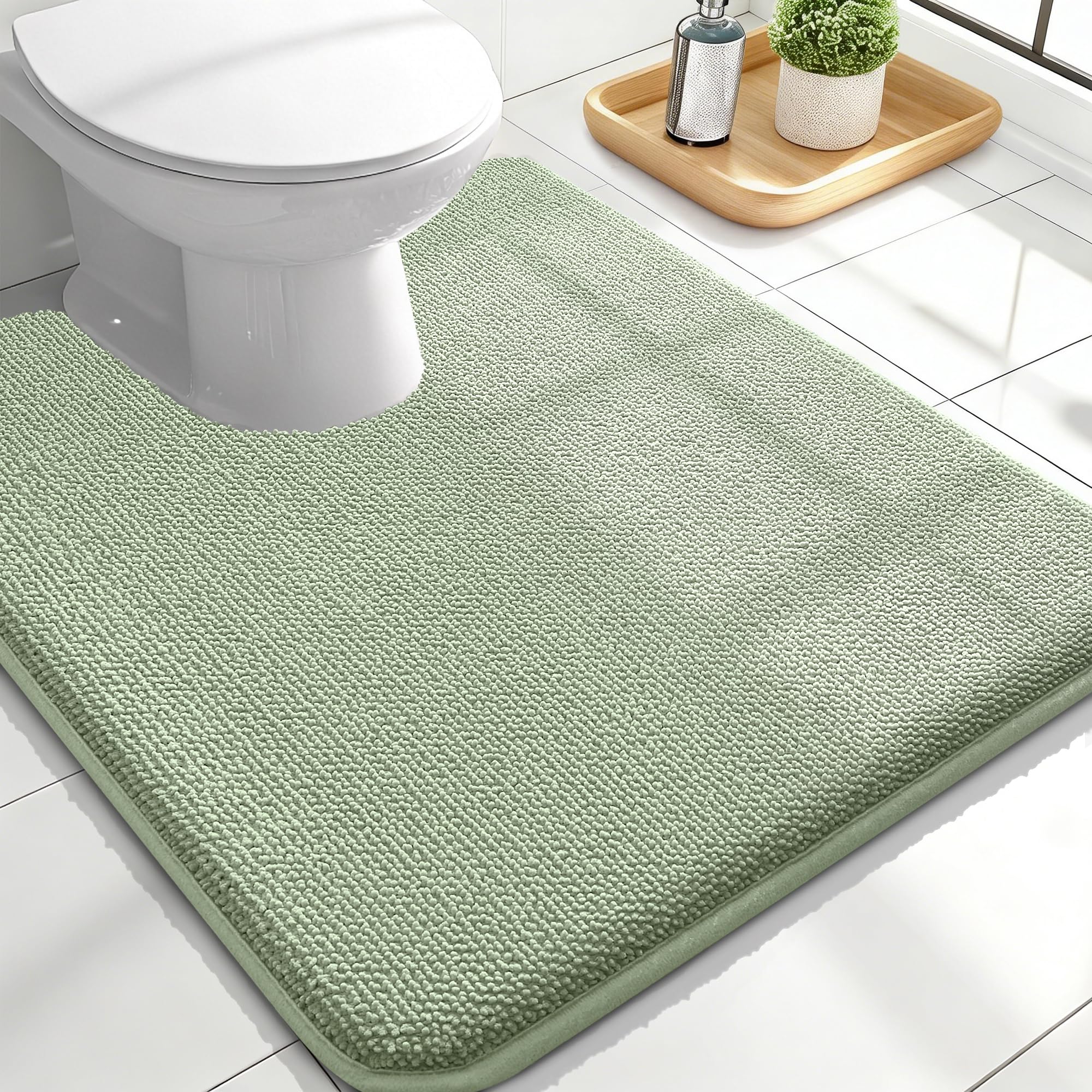 OLANLY Memory Foam Bathroom Toilet Rugs U-Shaped 24x20,Soft Mat, Sage Green