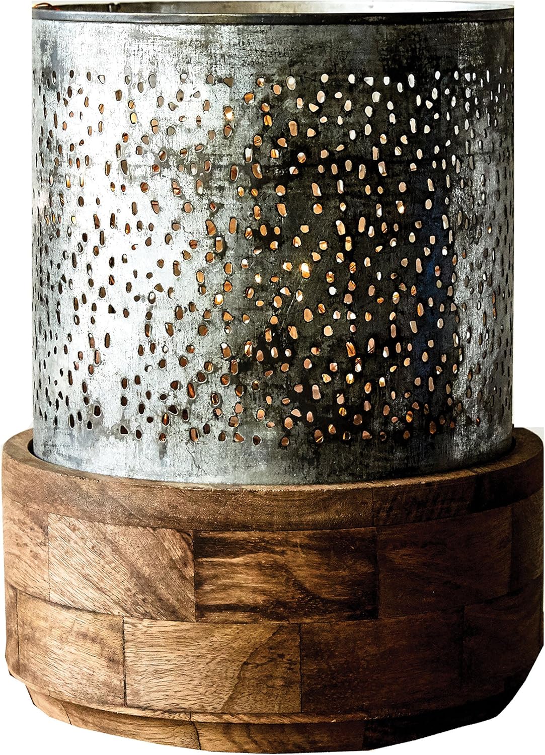 Creative Co-Op Punched Metal Hurricane with Mango Wood Base Candle Holder, Small, Silver : Home & Kitchen