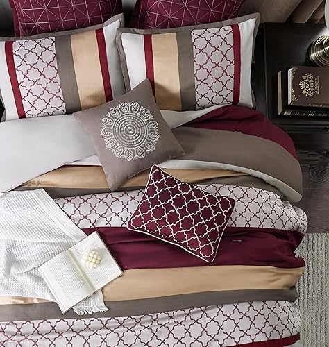 Miniatura 3 de Grand Avenue Juego de edredón moderno de 8 piezas de jacquard tamaño Queen, diseño geométrico y jacquard para todas las estaciones con edredones,