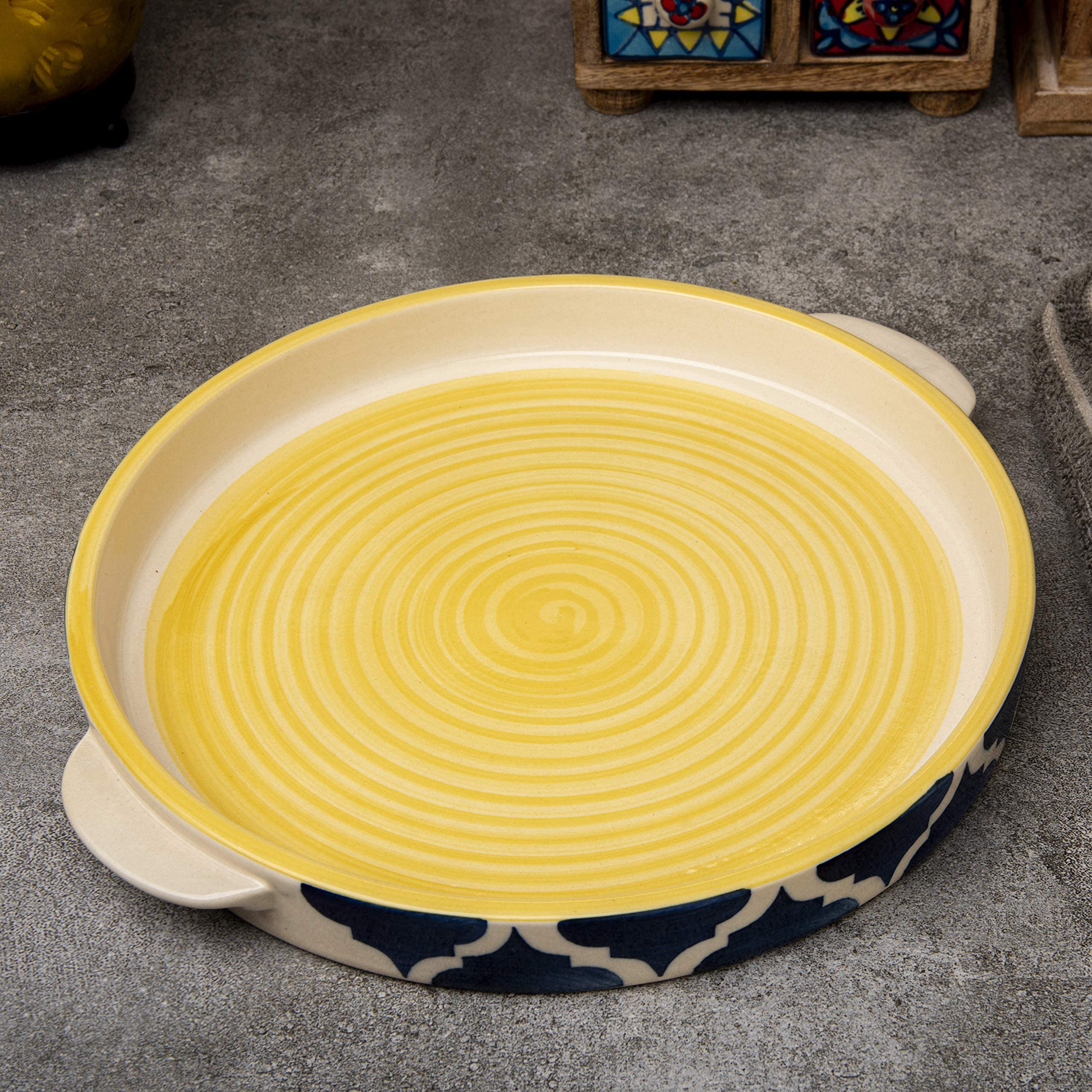 HS HINDUSTANI SAUDAGAR Hand Painted Ceramic Serving Sizzler Tray Microwave Safe Set (9.5 Inch, Blue, Yellow)