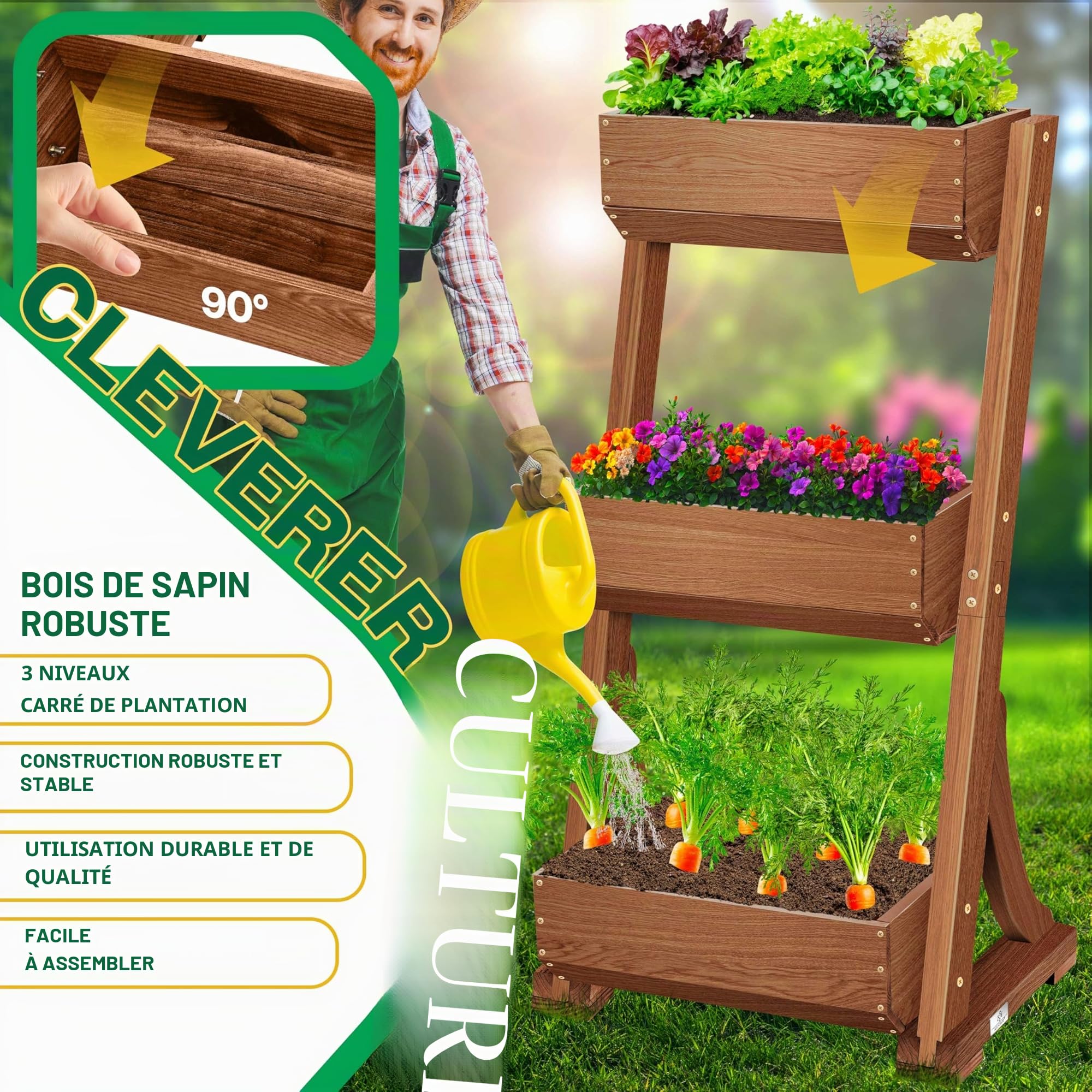 KESSER® Plate-Bande surélevée avec étages Premium Jardinière Étagère en escalier pour Fleurs Étagère en escalier pour plantations - Potager Parterre d'herbes Pots Plate-Bande (3 Sols, Brun)