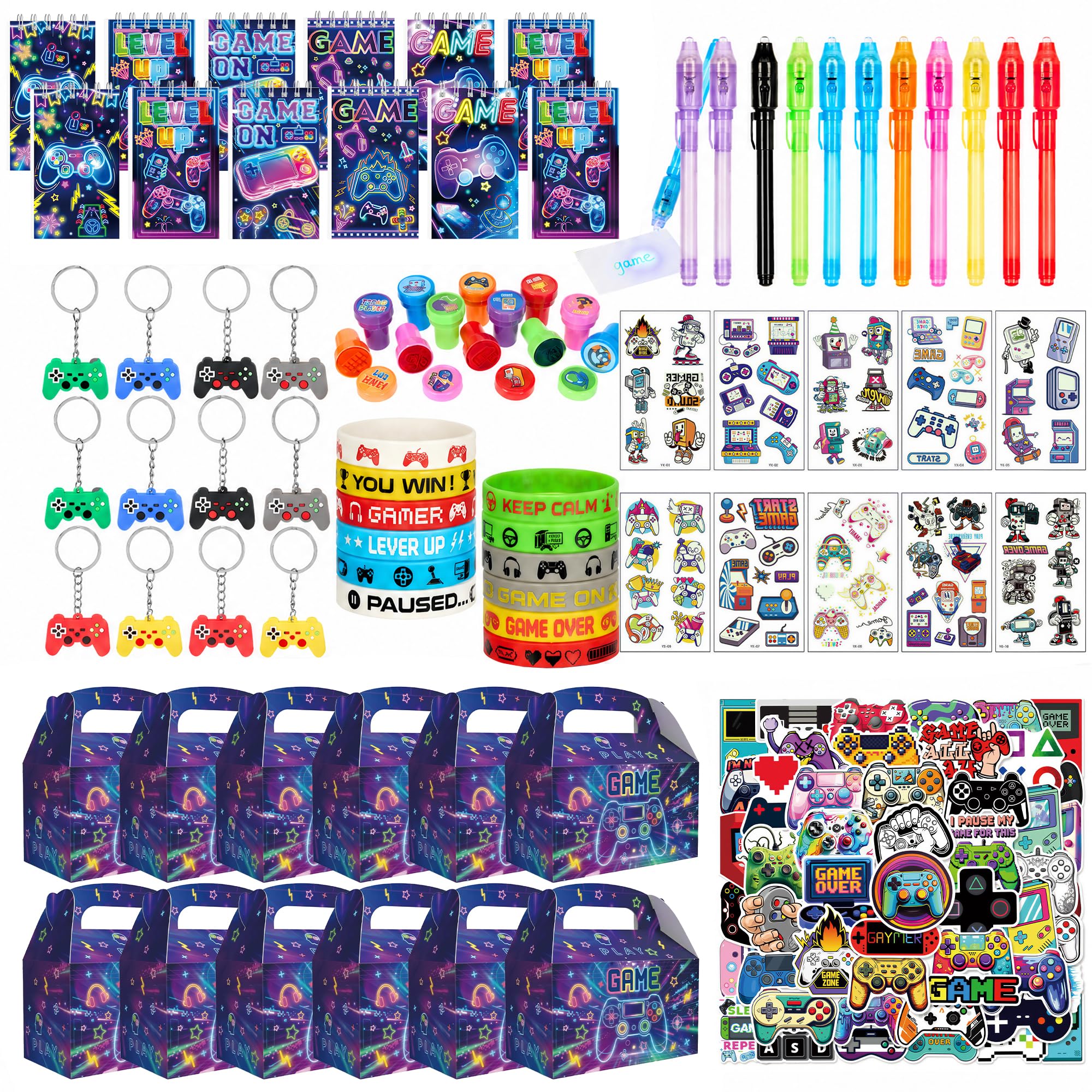 Defresit 134PCS Video Game Party Bags Fillers for Boys | Gamer Birthday Party Favours Kids | Goodie Bag Stuffers with Stickers, Pens, Notebooks, Keychains, Bracelets & Tattoos | Gaming Party Supplies
