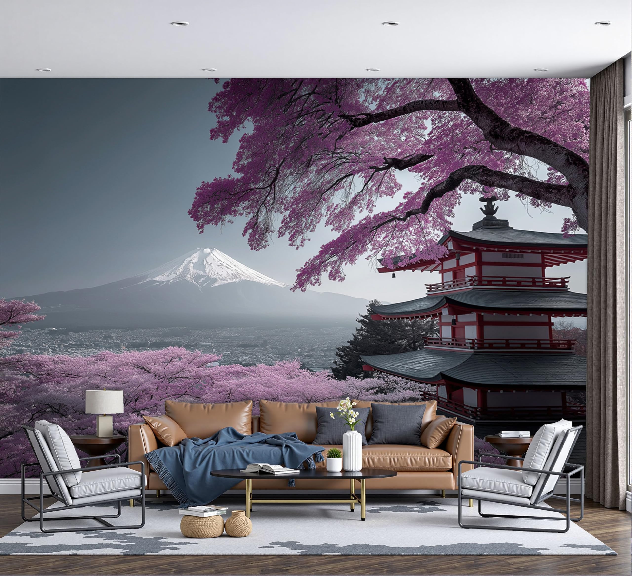 Papier peint rose style japonais 300x210cm pour recouvrir un mur blanc sans peinture
