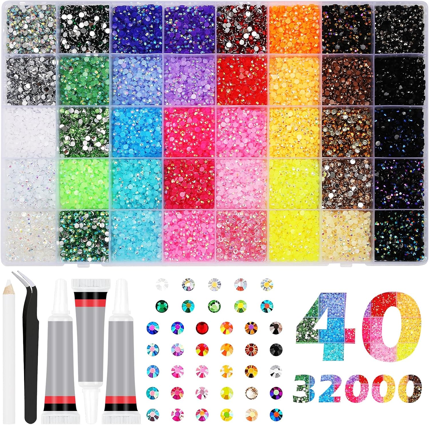 32000-częściowy zestaw bedazzlerów z klejem, 40 kolorów płaskich kamyczków z żywicy, 3 mm stras, zestaw do klejenia, kolorowe bedazzle, stras do projektowania paznokci, makijażu twarzy, majsterkowania