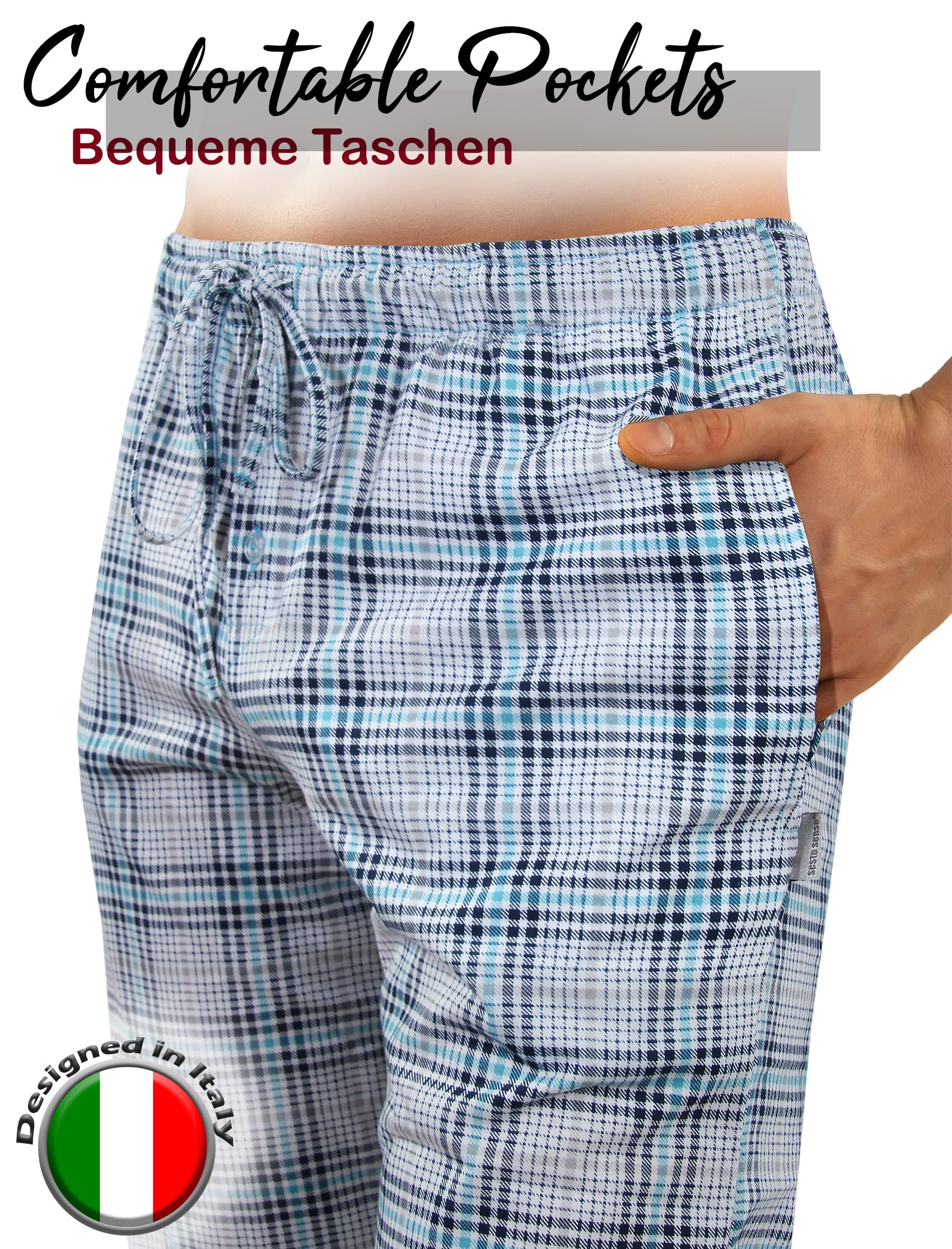 sesto senso Herren Schlafanzug Lang Baumwolle Pyjama Langarm Shirt Pyjamahose mit Tasche