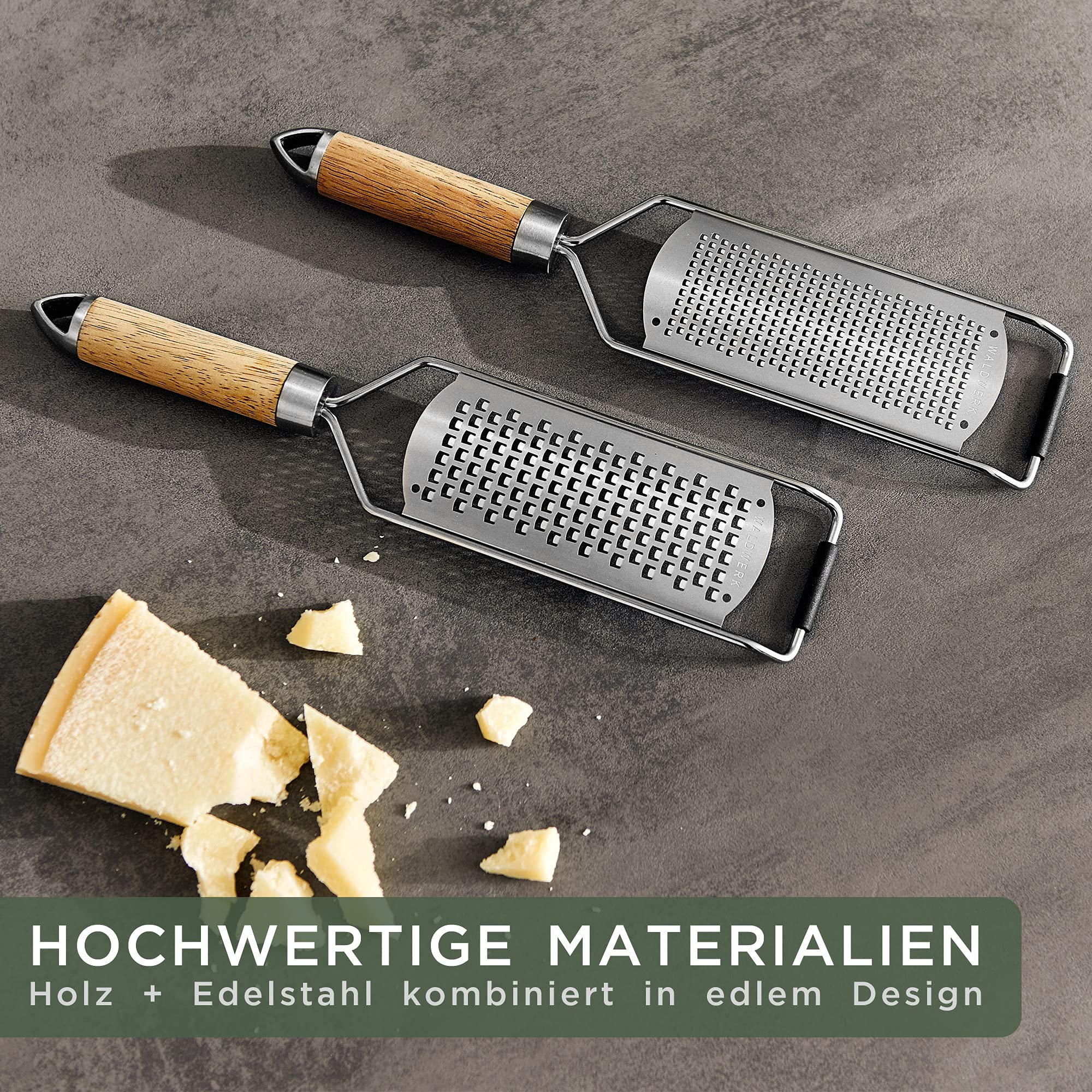 WALDWERK Käsereibe (2er Set) - Parmesanreibe mit Design Holzgriff - Zesterreibe aus Edelstahl mit geätzten Schneiden - Reiben auch geeignet als Muskatreibe, Zitronenreibe, Ingwerreibe