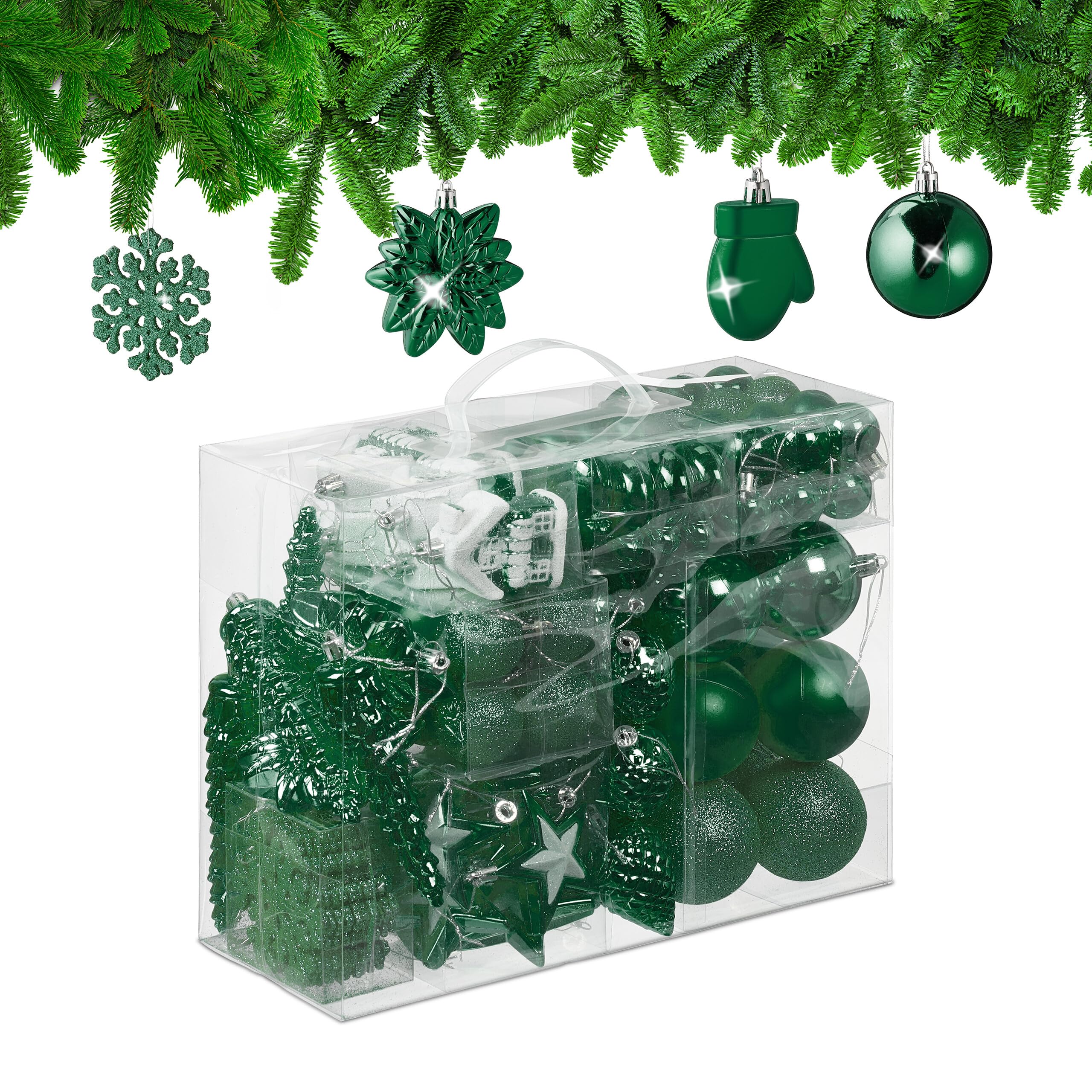 Relaxdays 100x Christmas Ornaments, Baubles, Glittering, Matte & Shiny, Tree Decorations, Plastic, 10 Designs, Green