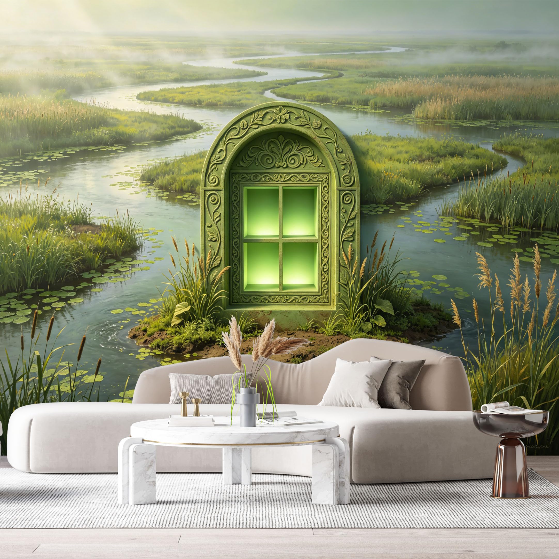 Custom Size Wall Murals Marshland Window Frame Green Light Mystical 3D Trompe L'Oeil SelfAdhesiveWall Fabric Removable Wallpaper Wall Decor for Living Room Bedroom Bathroom