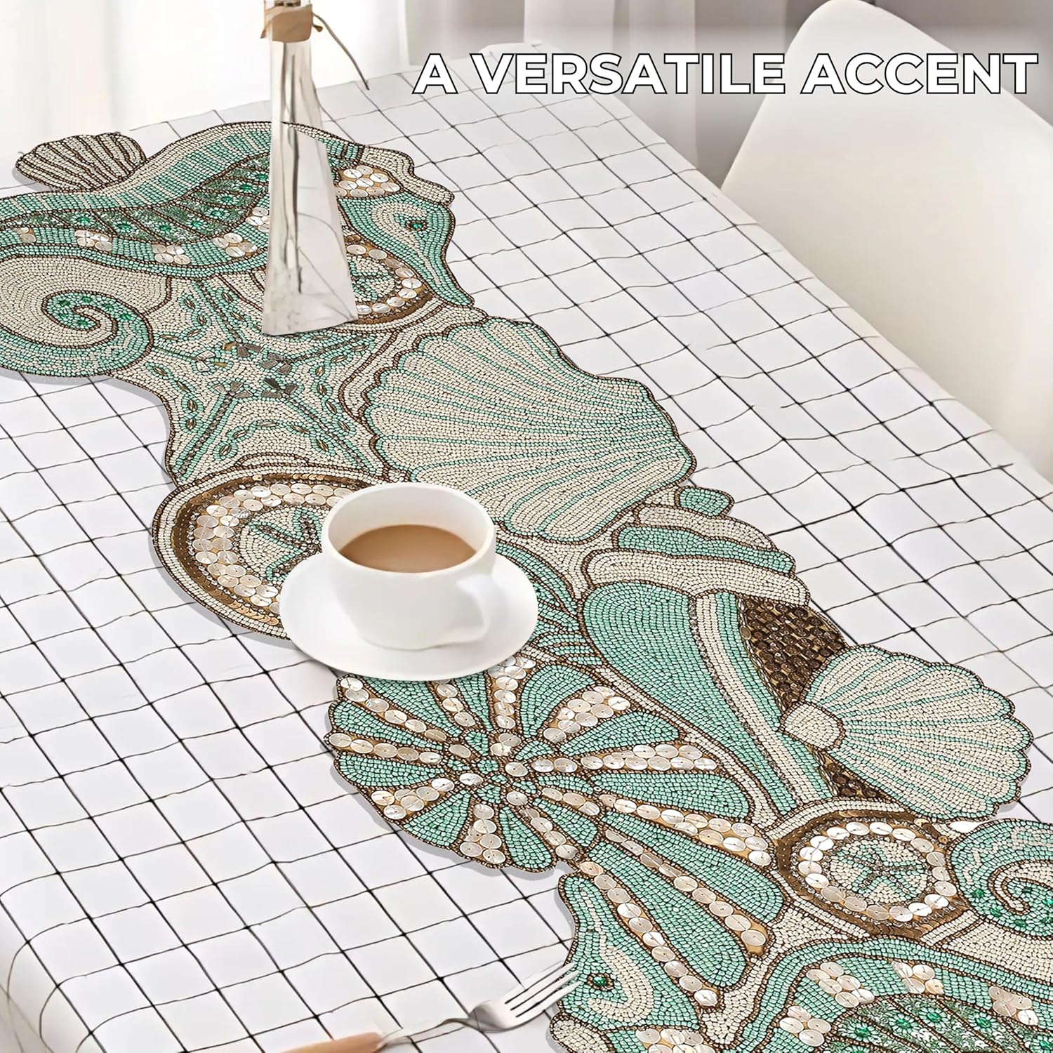 Beaded Runner 13" x 36" Coastal Sea Shell Premium Glass Beads & Polyester Ideal for Wedding Home Décor Christmas & Family Gathering (Multi) - ALPHA Living HOME