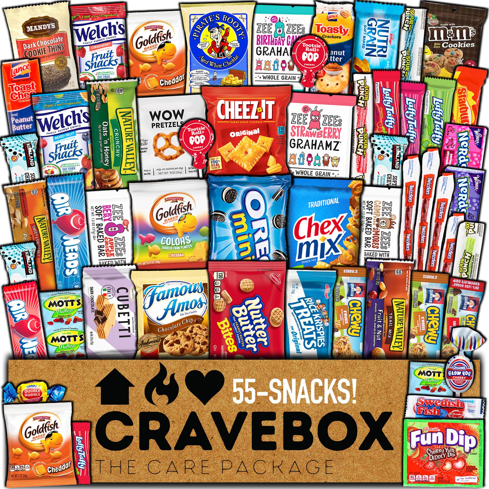 CRAVEBOX Snacks Box Variety Pack Care Package (55 Count) Valentines Treats Gift Basket Adults Kids Grandkids Guys Girls Women Men Boyfriend Birthday Cookies Chips College Student Office School