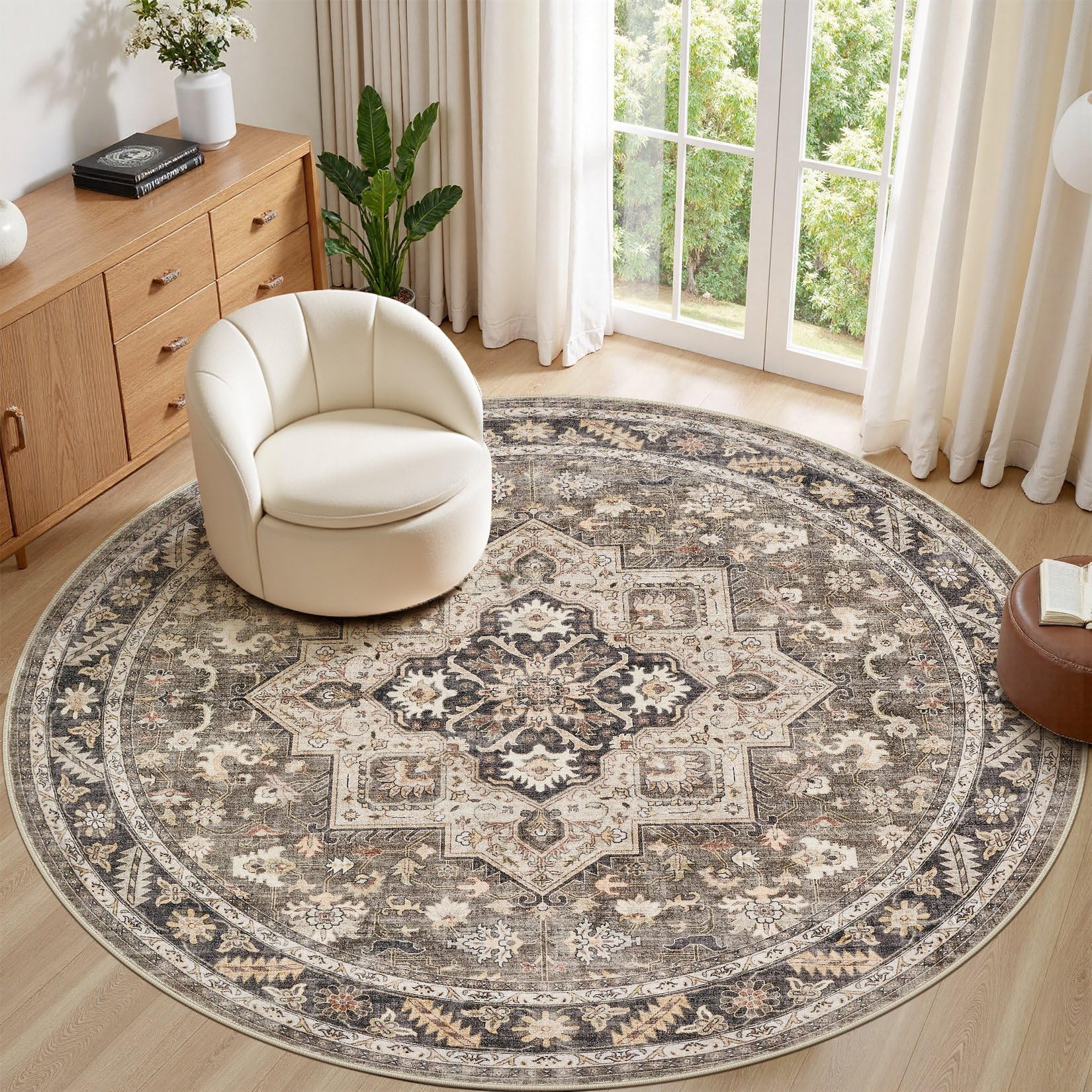 8ft Round Vintage Living Room Area Rug - 8x8 Large Soft Washable Oriental Traditional Distressed Farmhouse Rugs for Bedroom - Indoor Floor Accent Carpet for Home Office House Decor - Brown โ image 1