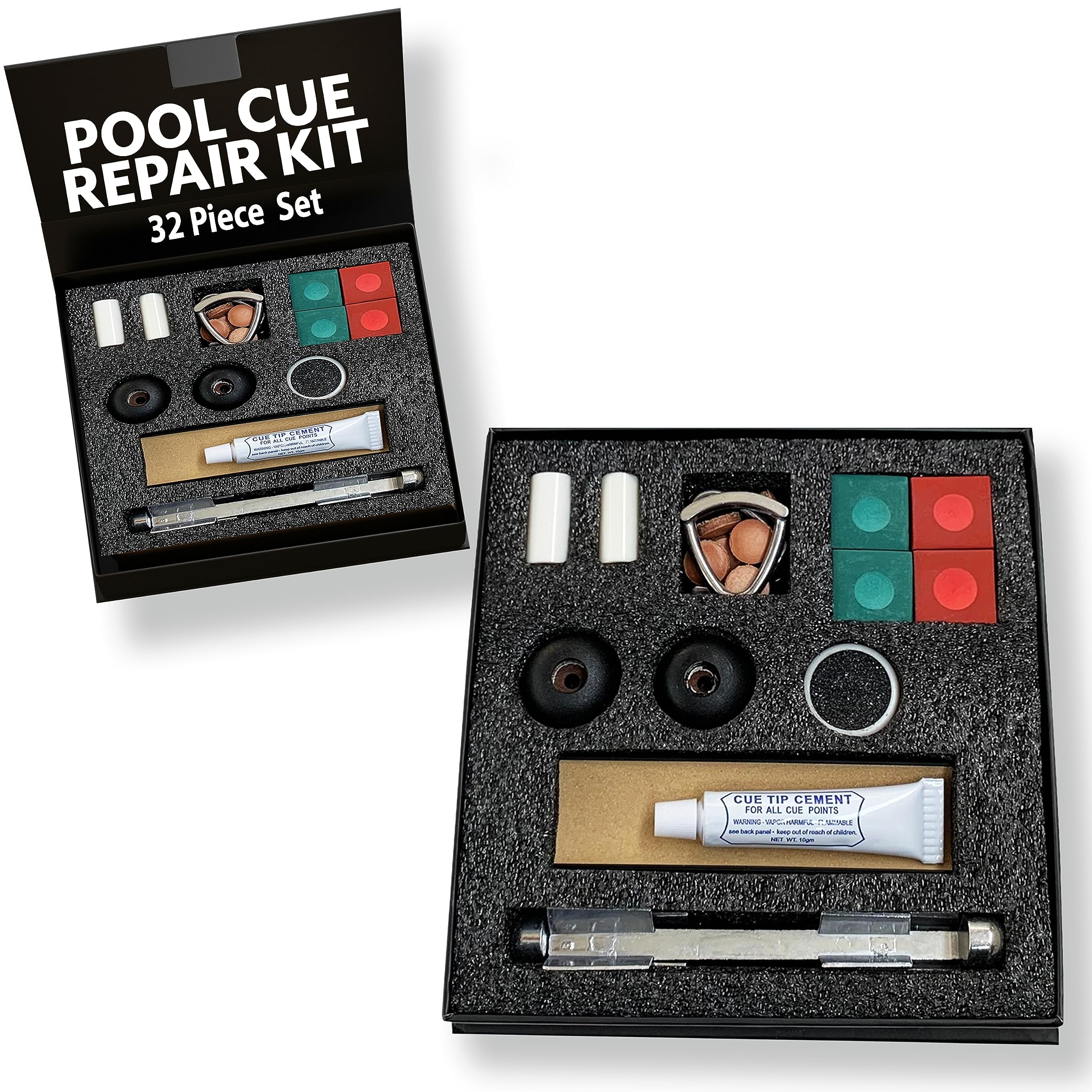 Freetime Fun Pool Cue Tips Replacement Kit, Includes Pool Stick Tips, Aluminum Pool Cue Clamps, Cue Tips Shaper, Rubber Cue Bumpers, Ferrules, Chalk,