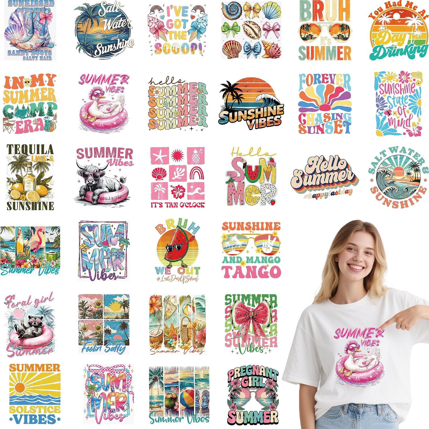 30 Sheets Summer Iron on Transfers for T-Shirts, Beach Vacation DTF Transfers Ready to Press Heat Transfers Vinyl, Retro Iron on Patches for Clothes Bag Pillow Covers DIY Crafts