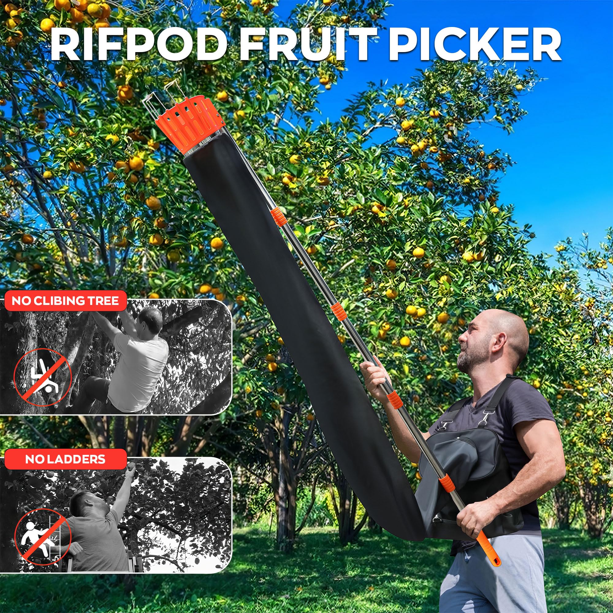 BOUDECH Pametik - Raccoglitore di Frutta a Imbuto Manico Telescopico 4m con Supporto e Borsa in Tessuto per Raccolta di Mele Arance Pere Arancione e Nero
