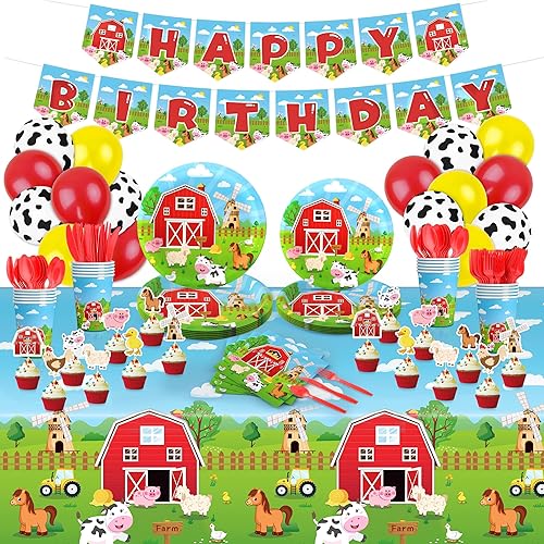 218 piezas de suministros para fiesta de cumpleaños de granjero, animales de granja, decoraciones de fiesta de cumpleaños, platos de granja,