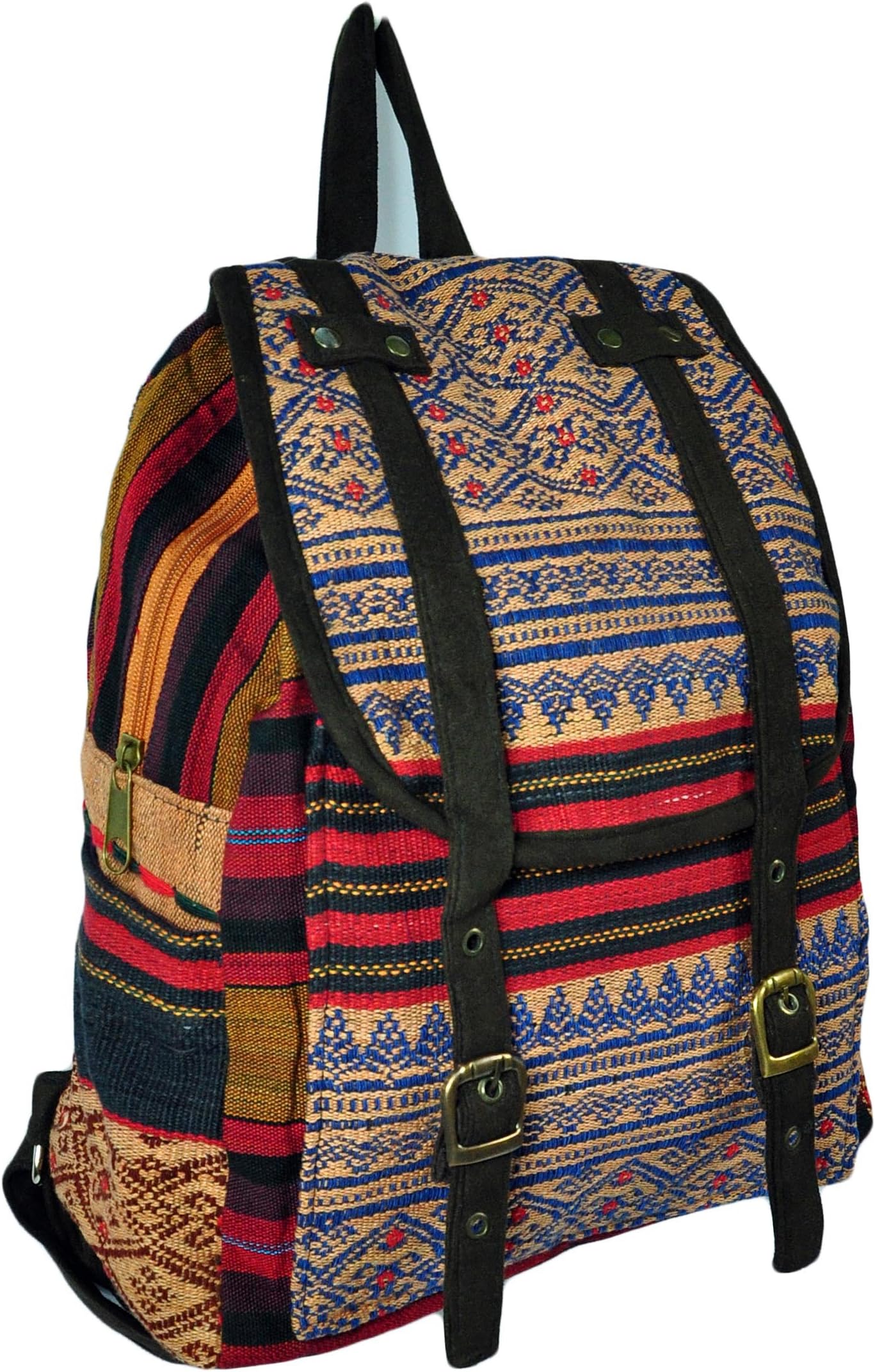 Hmong Handmade Woven Lace Backpack Satchel Knapsack with Adjustable Shoulder Straps Embroidery Asian Thai Style Hippie Cotton Fabric Lanna Pattern Bag From Chiangmai Thailand