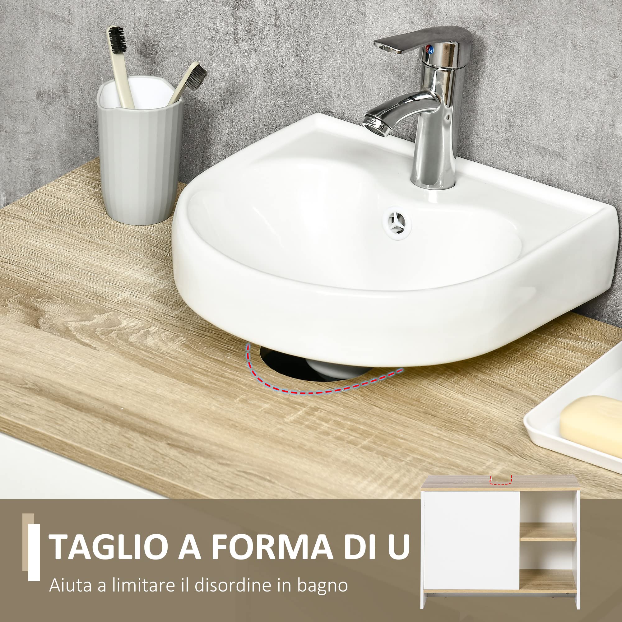 kleankin Set Arredo Bagno 2 Pezzi Specchiera Sottolavabo Color Legno | Mobile Specchiera con 3 Ripiani Aperti, Mobile Sottolavabo con 2 Ripiani Aperti e Armadietto, Truciolato e Vetro