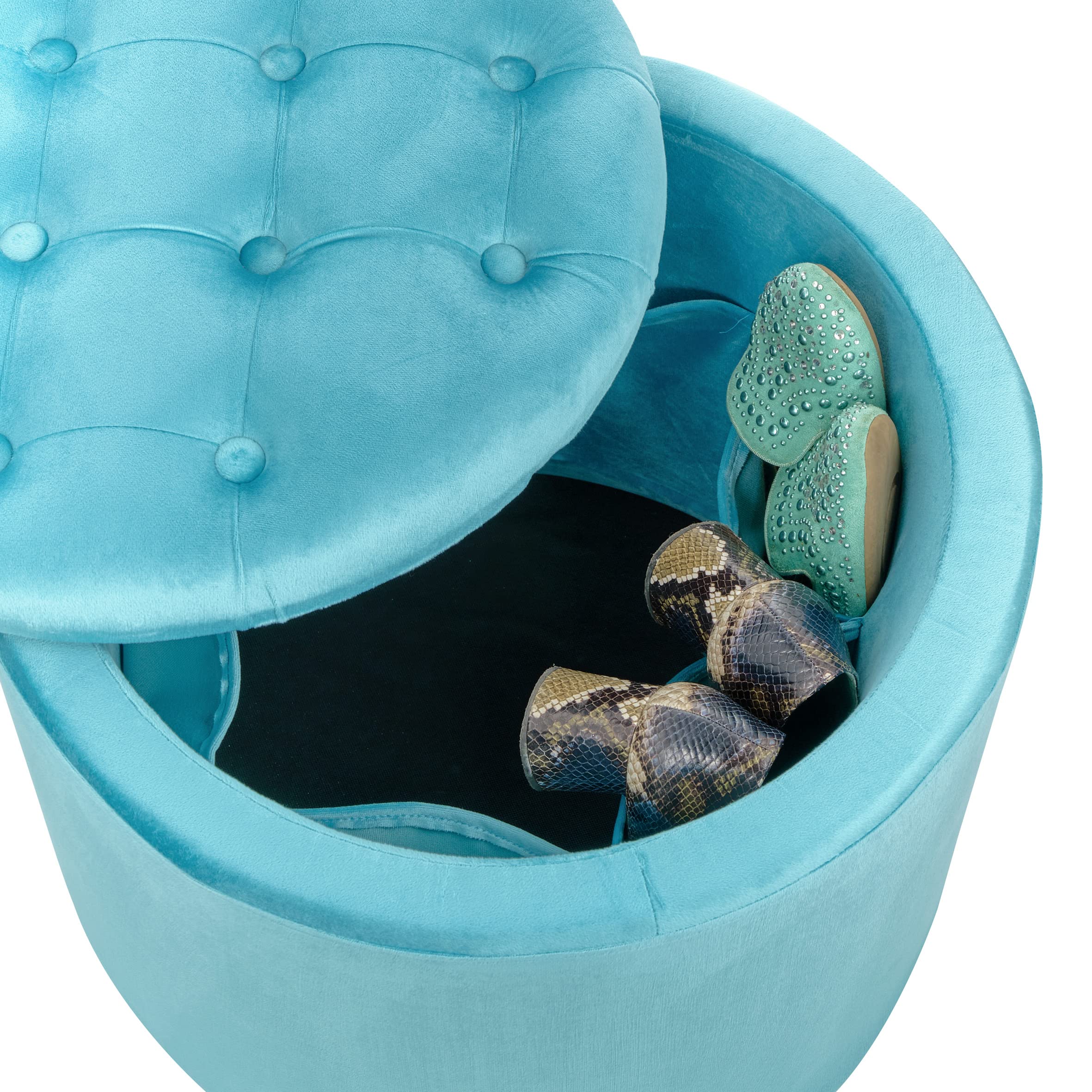 Baroni Home Fußhocker Container mit innerer Schuhablage, Türkis Samt Schuh Pouf Ø50x42 cm
