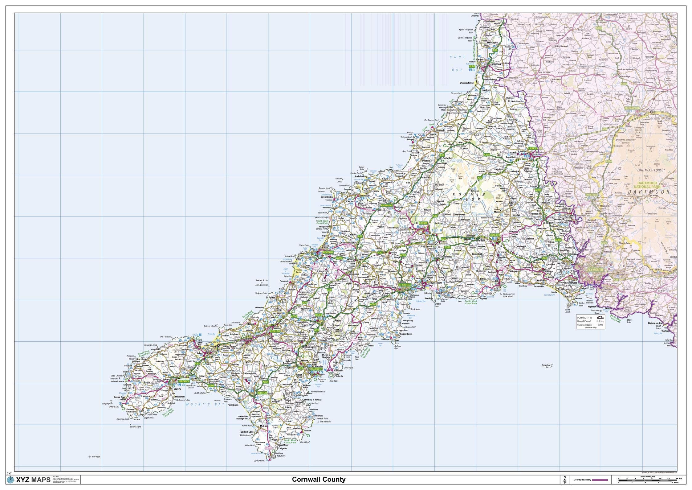 Cornwall County Map - 47" x 33.25" Paper
