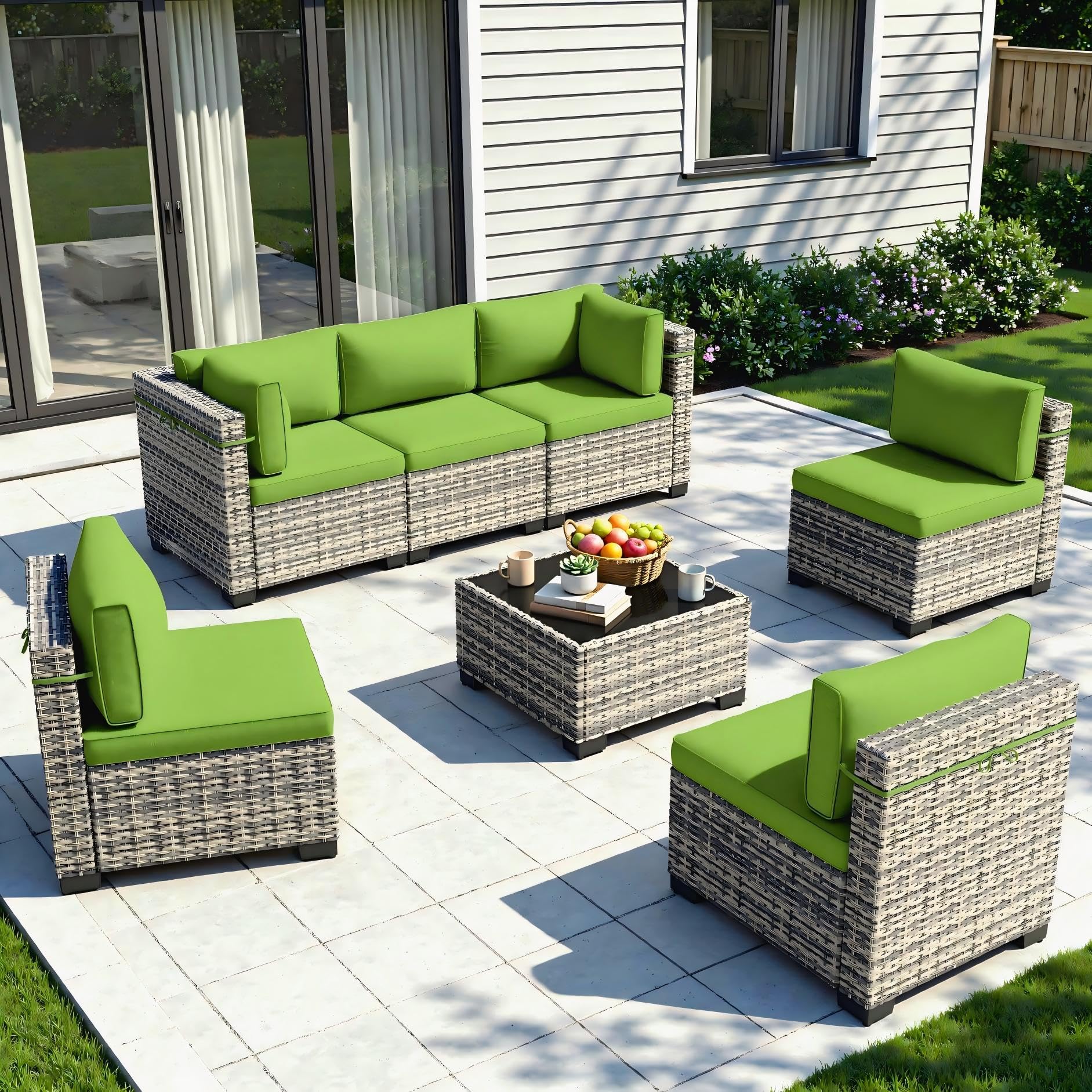 7-Piece Patio Furniture Set, Outdoor Sectional with Thick Cushions, Modular Patio Sofa, Dual-Strand Wicker Rattan, Rust-Resistant Frame, Backyard Furniture for Garden, Deck, Grass Green