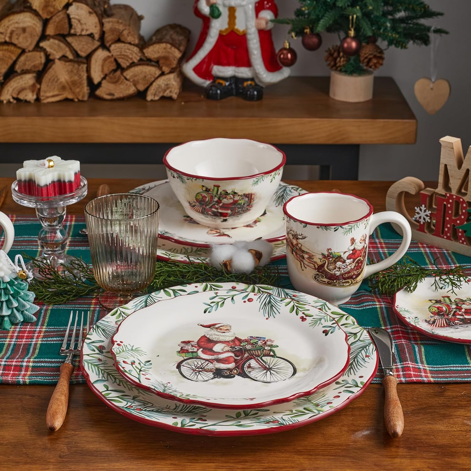 Bico Santa On The Way Cereal Bowls Set of 4, 25 oz Deep Ceramic Soup Bowls for Cereal, Salad, Noodles, Kitchen, Microwave and Dishwasher Safe, Gift for Housewarming and Christmas