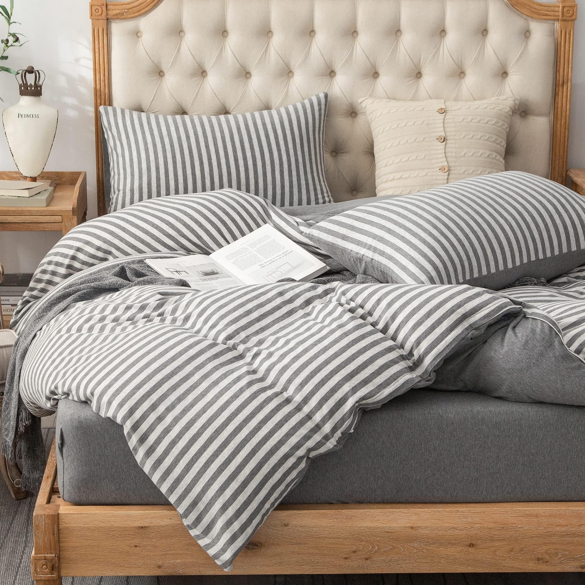 PURE ERA Jersey Knit Duvet Cover Set 100% T-Shirt Heather Cotton Super Soft Comfy Classic Striped Design, with Zipper Closure, Grey Stripe, Queen