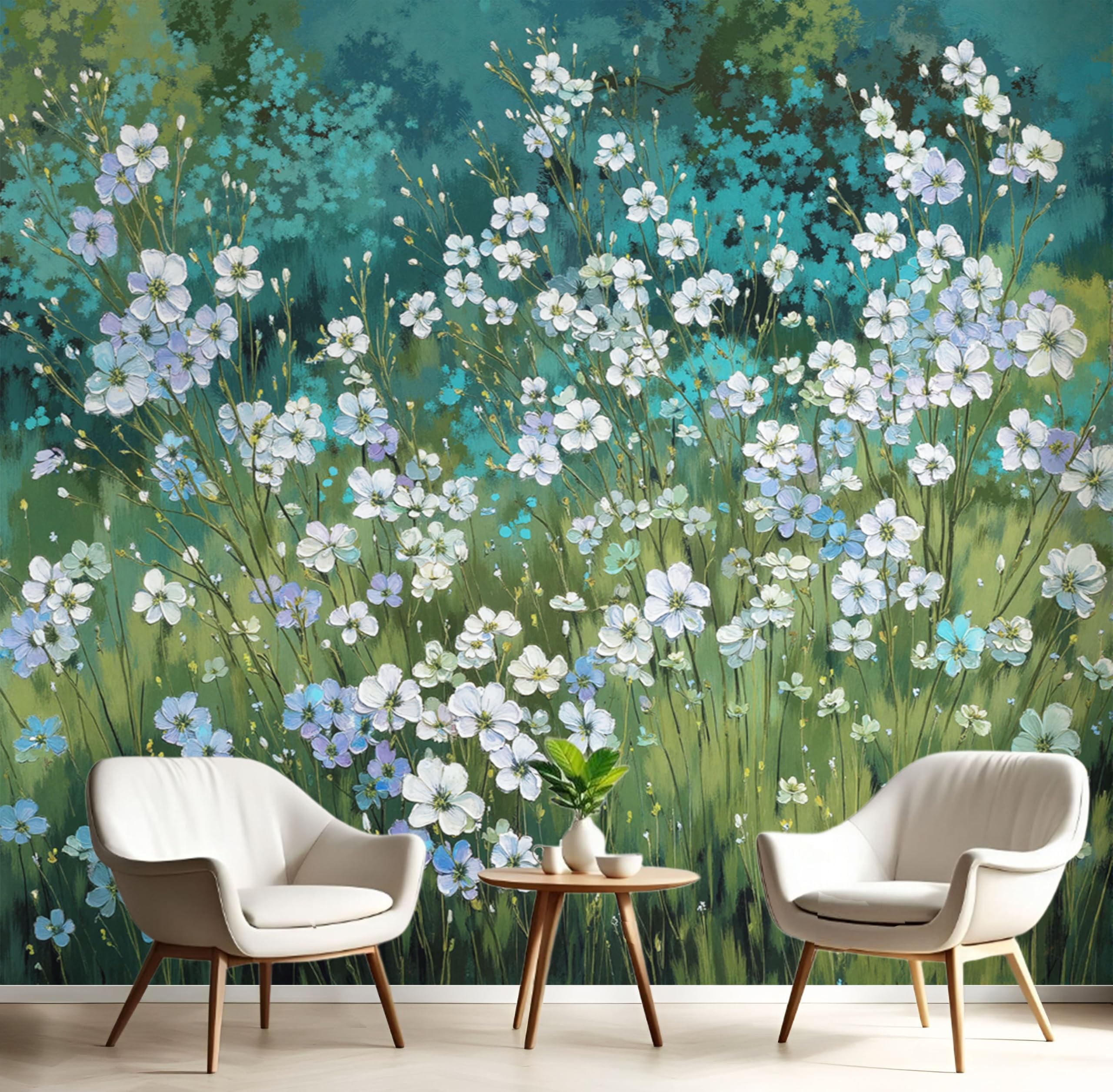 Papier peint vert pastoral pour chambre : évadez-vous avec nos fleurs blanches fraîches