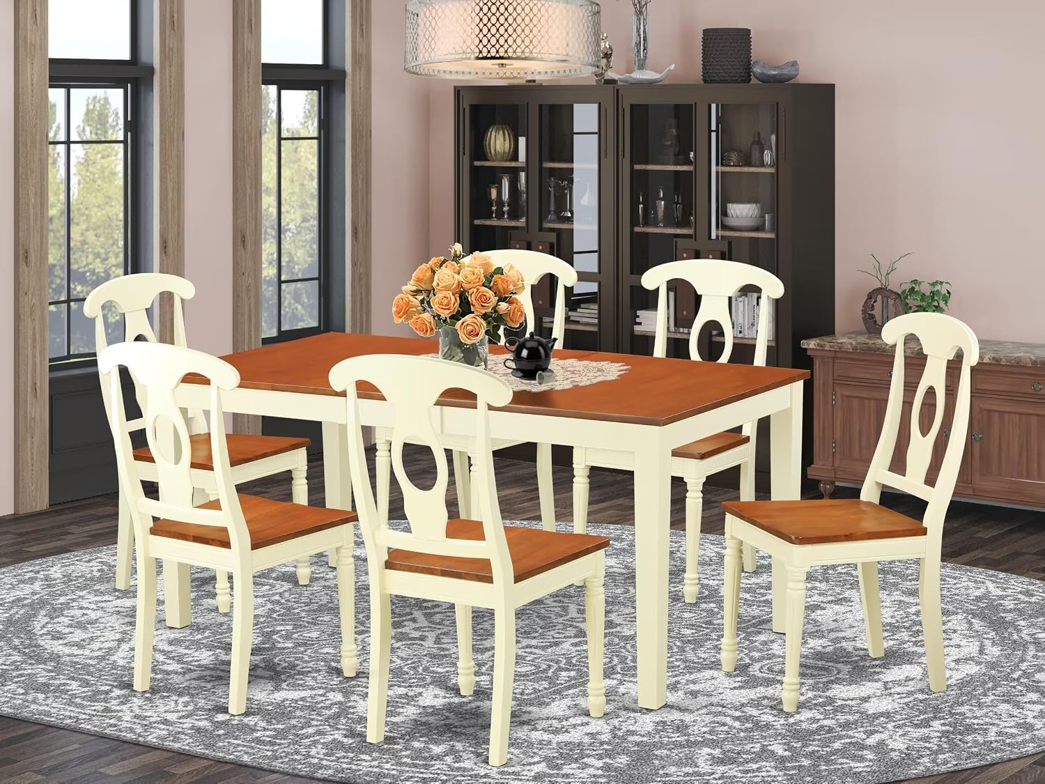 East West Furniture NIKE7-WHI-W 7 Piece Dining Room Table Set Consist of a Rectangle Kitchen Table with Butterfly Leaf and 6 Dining Chairs, 36x66 Inch, Buttermilk & Cherry