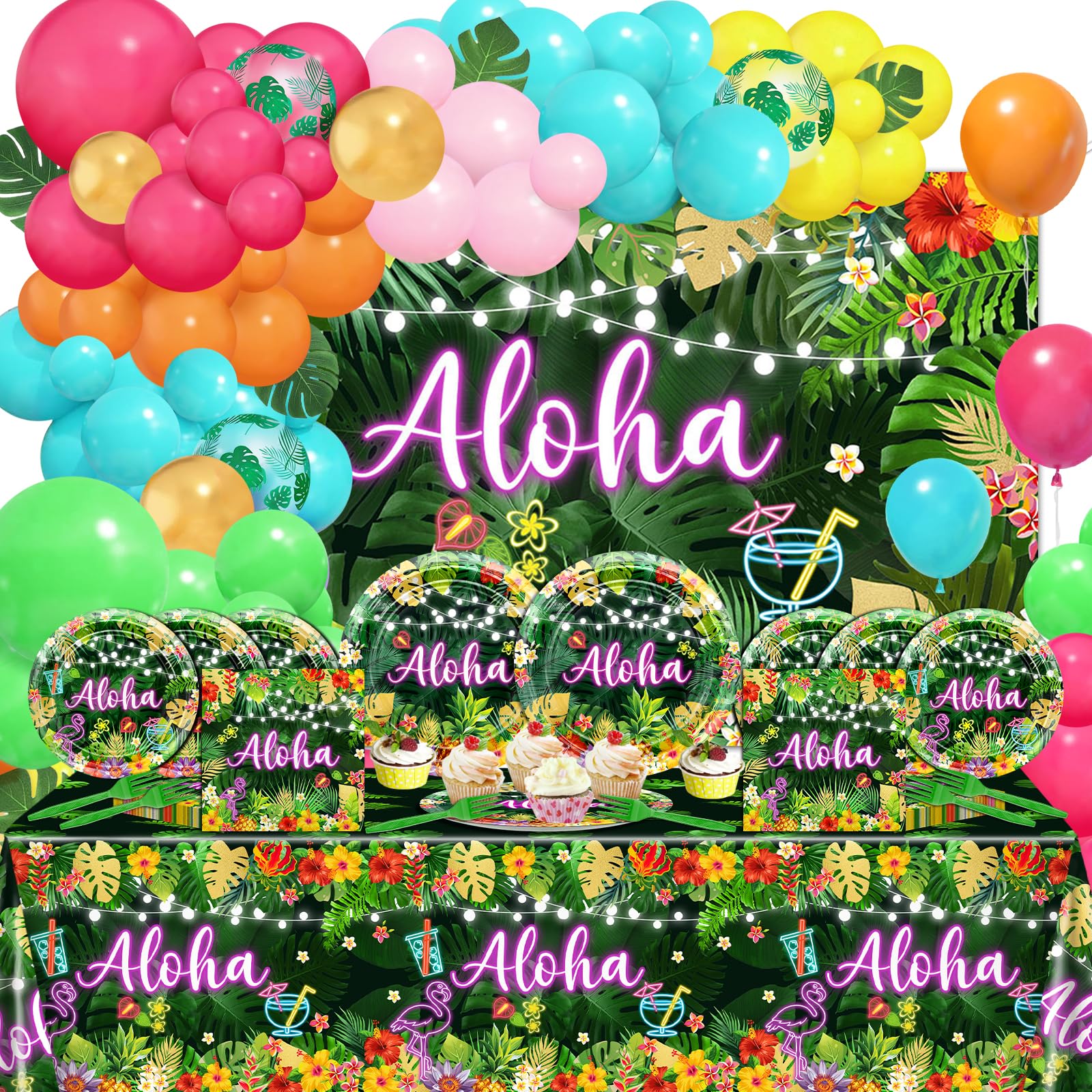 Lecheme Hawaiian Aloha Party Decorations 204 Pcs Luau Party Decorations Kit: Aloha Banner, Plates, Napkins, Tablecloth, Balloons Summer Tropical Party