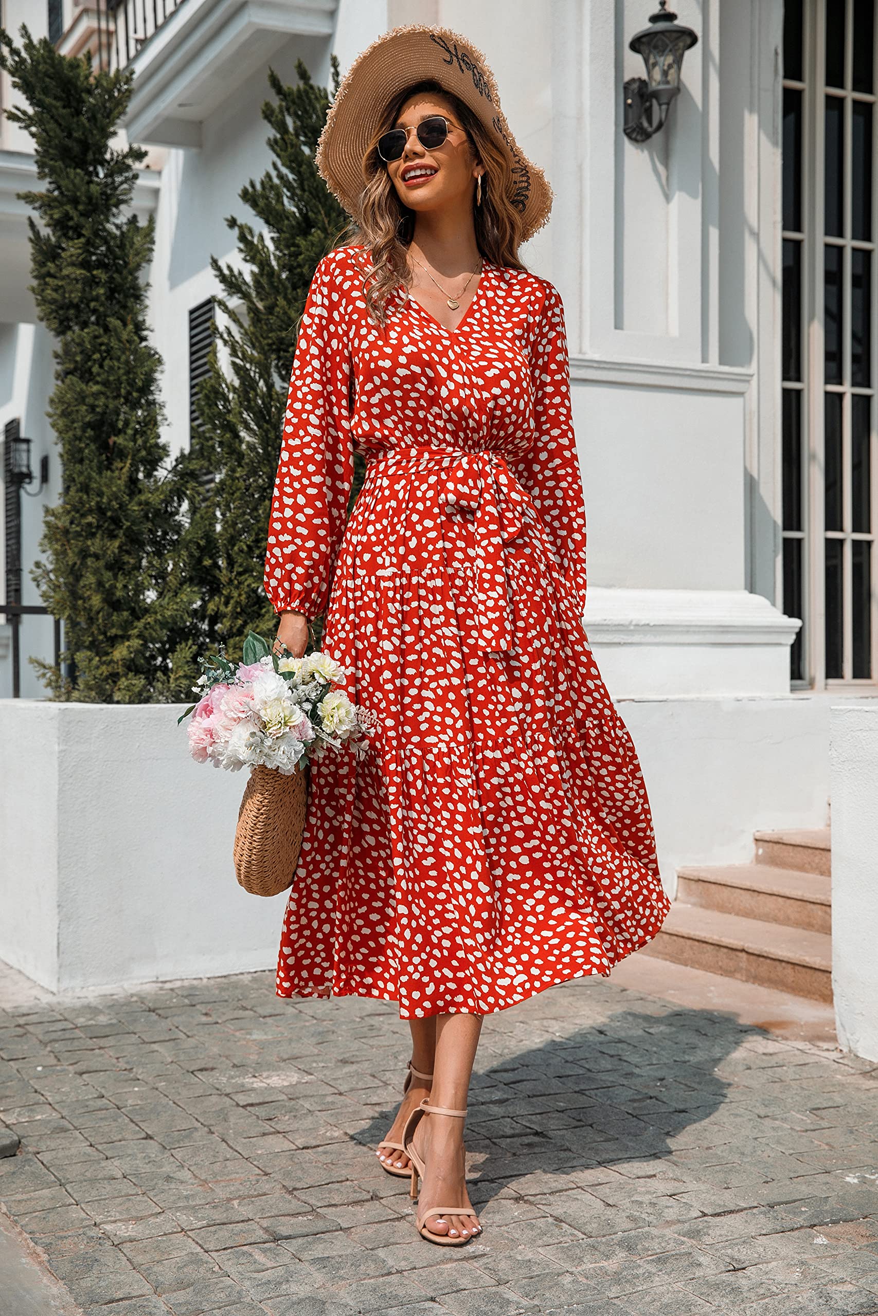 R.Vivimos Women's Fall Long Sleeve Casual Dresses Wrap V Neck Polka Dots Tiered Ruffle Flowy Midi Dress with Belt