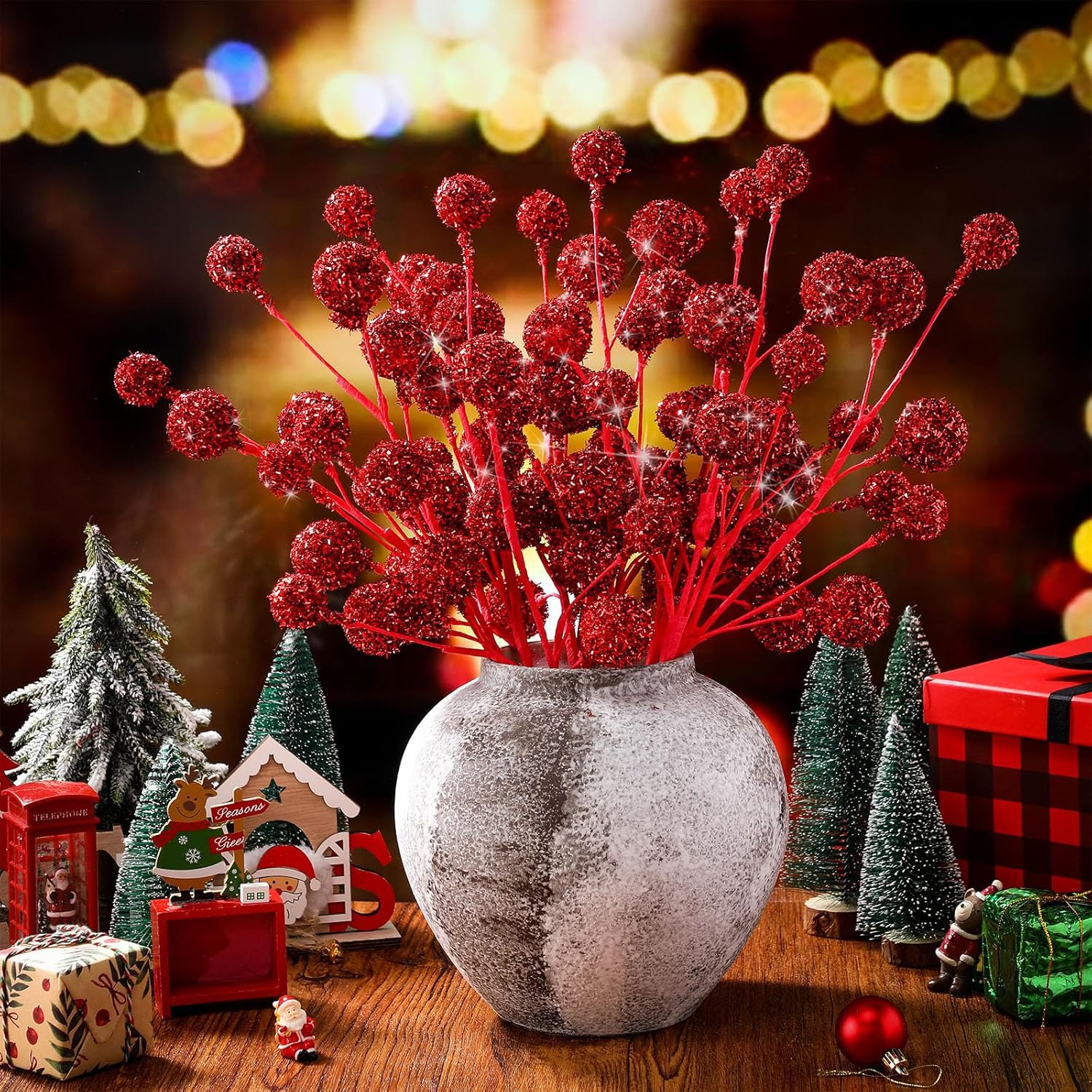 10pcs Christmas Glitter Berry Stems 19.7 Inches Christmas Tree Picks and Spray Large Artificial Glitter Berries Branches for Xmas Ornament, DIY Wreath, Craft, Holiday Decor(Red)