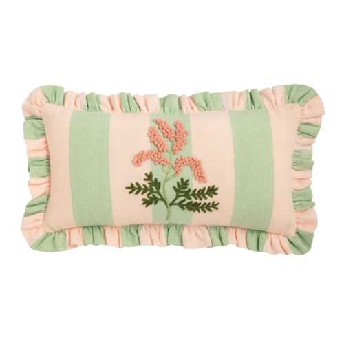 Mud Pie Green Stripe Embroidered Floral Pillow