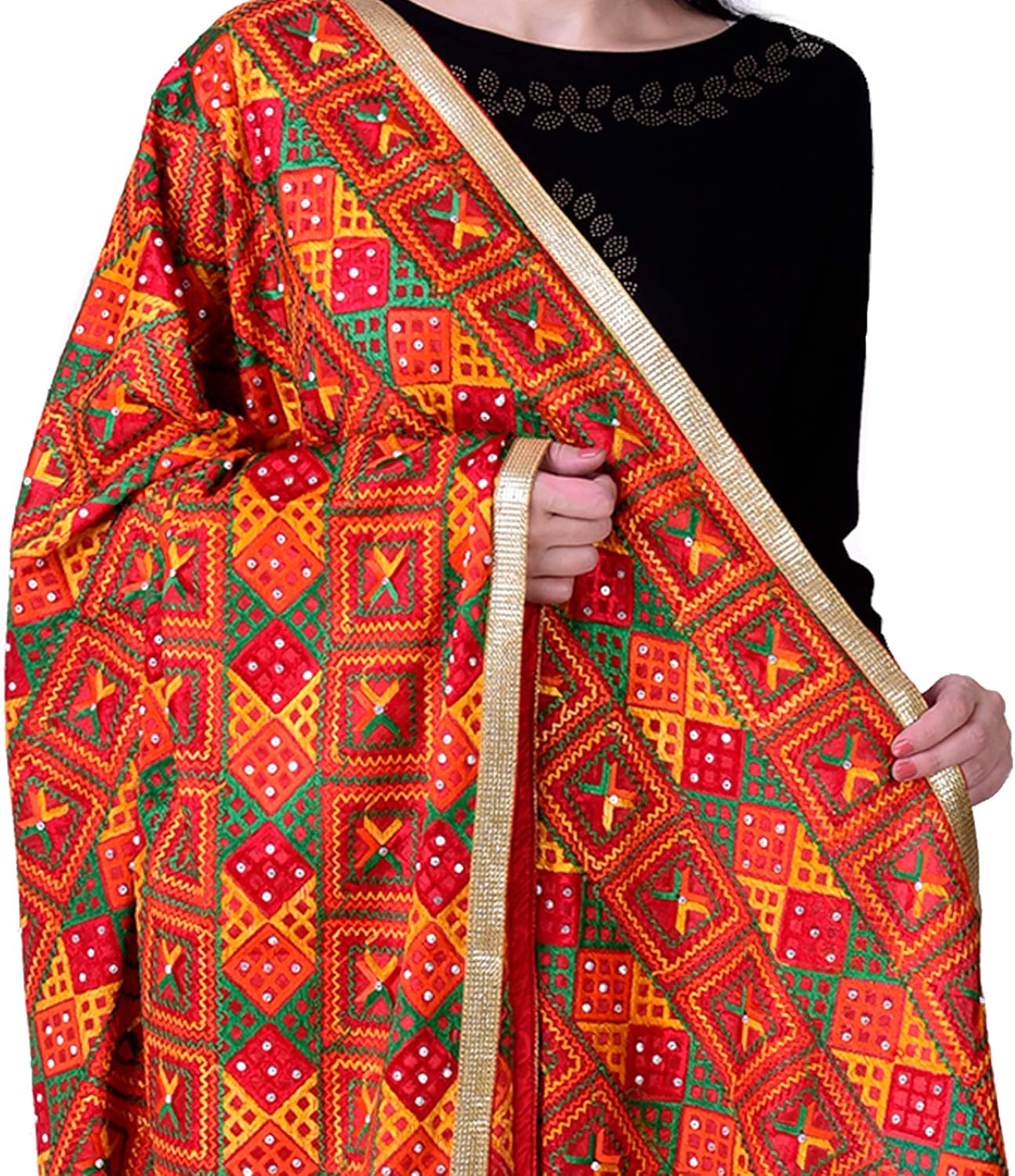 Women's Phulkari Dupattas Fashion Scarf Hand Embroidered in Amritsar, Punjabi Fulkari Design, Size 2.25 m, Orange - Image 6
