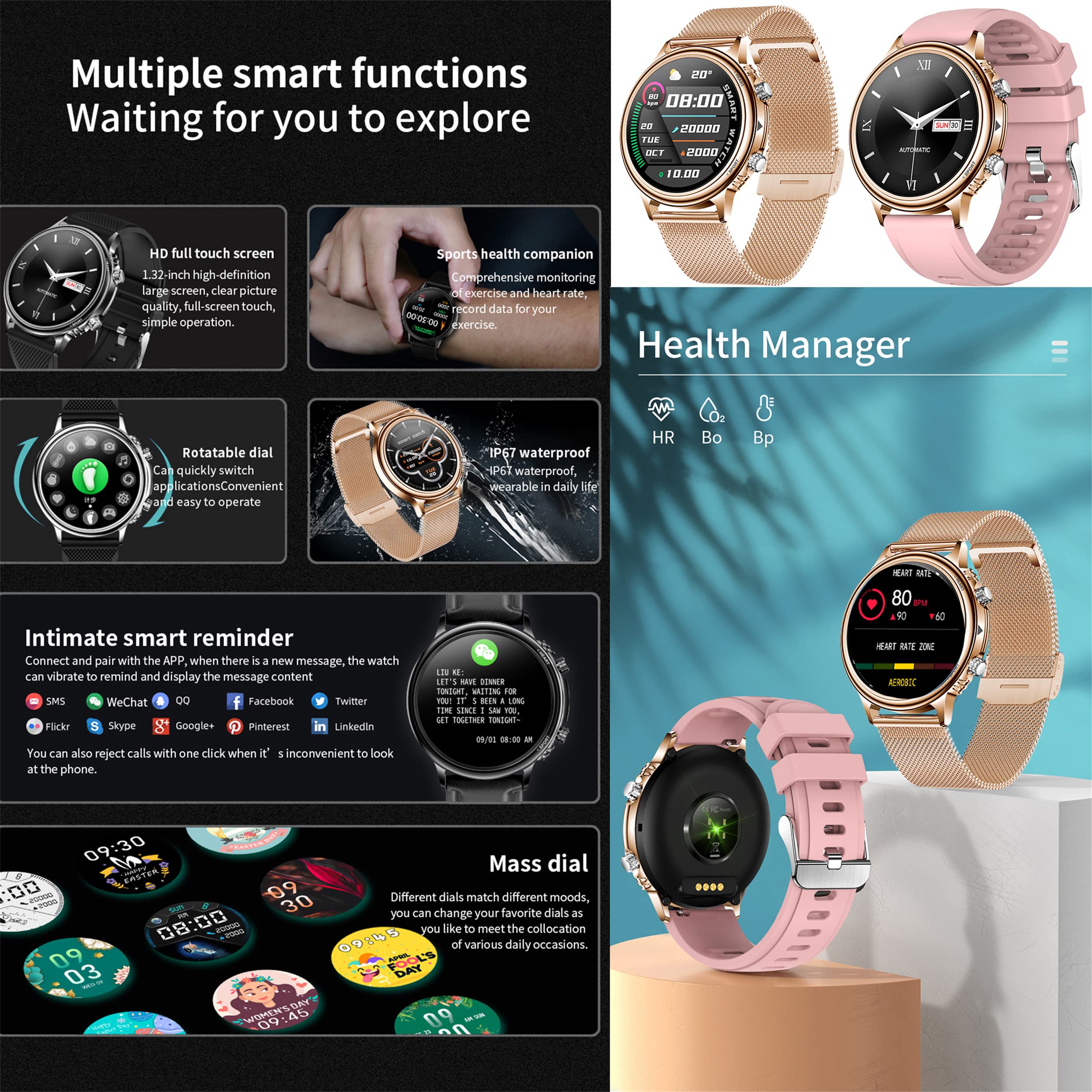 Smart Watch, 1,32'' Touchscreen Sporthorloge met hartslagmeter Waterdicht IP68 Fitness Horloge Stappenteller, Smartwatch voor Mannen Vrouwen, Fitness Tracker voor Android iOS (Goud Smart Watch, 1,32'' Touchscreen Sporthorloge met hartslagmeter Waterdicht IP68 Fitness Horloge Stappenteller, Smartwatch voor Mannen Vrouwen, Fitness Tracker voor Android iOS (Goud