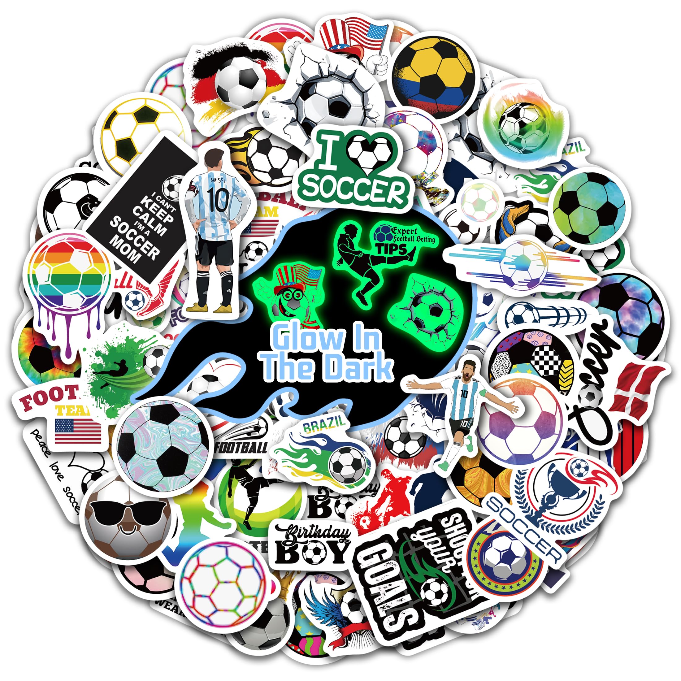 ‌Soccer Water Bottle Stickers for Kids Glow in The Dark, 70 PCS Vinyl Sports Stickers Pack for Laptop Skateboard Phone Case, Cute Colorful Sports