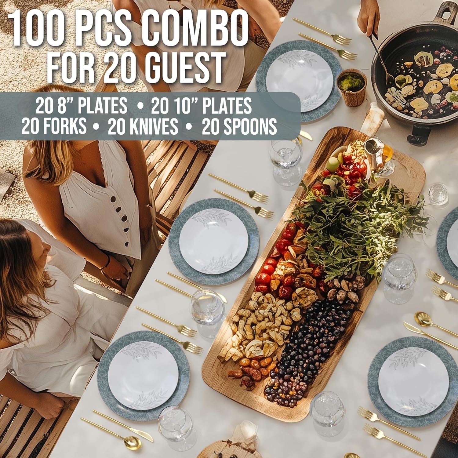 Trendables Fancy Plastic Dinnerware Sets 100 Pc Set 20 Guests Gold Silverware Disposable 20 X 10 Inch Charger Plates 20 X 8 Inch Dessert Plates 20 x Gold Plastic Forks and Spoons Knives In Aleh image 3