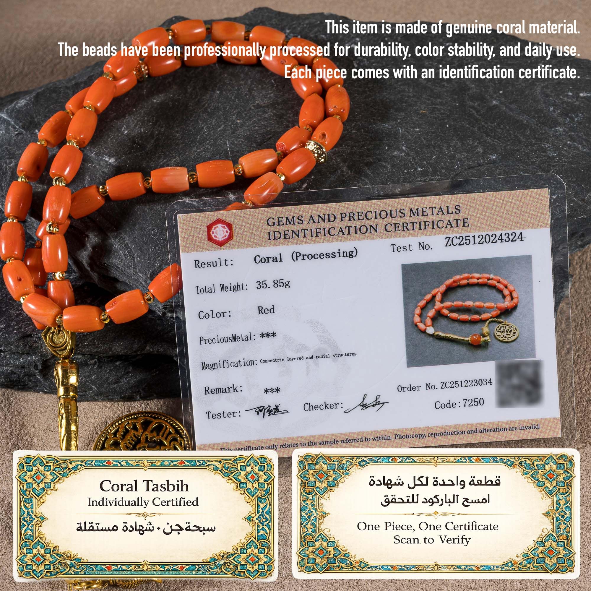 45-Perlen Korallen-Tasbih mit Zertifikat – Rote Koralle, handpoliert, Gebetskette mit Geschenkbox