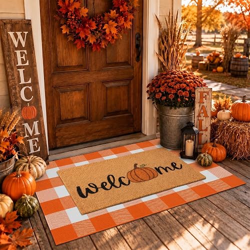 2 Pcs Fall Door Mat, Layered Pumpkin Welcome Coir Doormat with Orange and White Buffalo Plaid Mats, 30'x18' Front Doorma