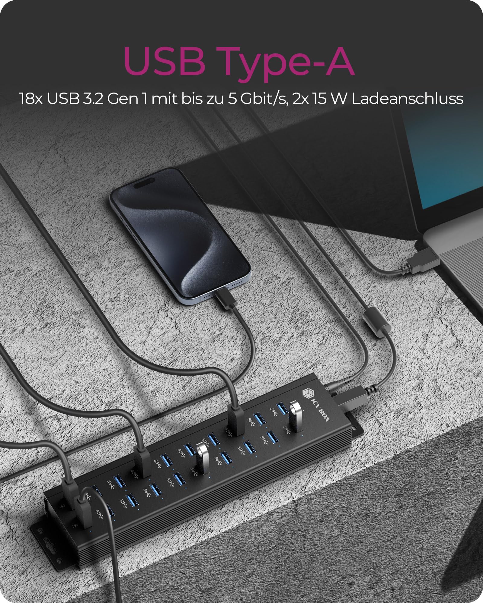 ICY BOX Hub USB 3.2 Gen 1 de 20 Puertos con Adaptador de Corriente de 12 V / 3 A, Carcasa de Aluminio y 2 Puertos de Carga USB, Modelo IB-HUB1720-U3